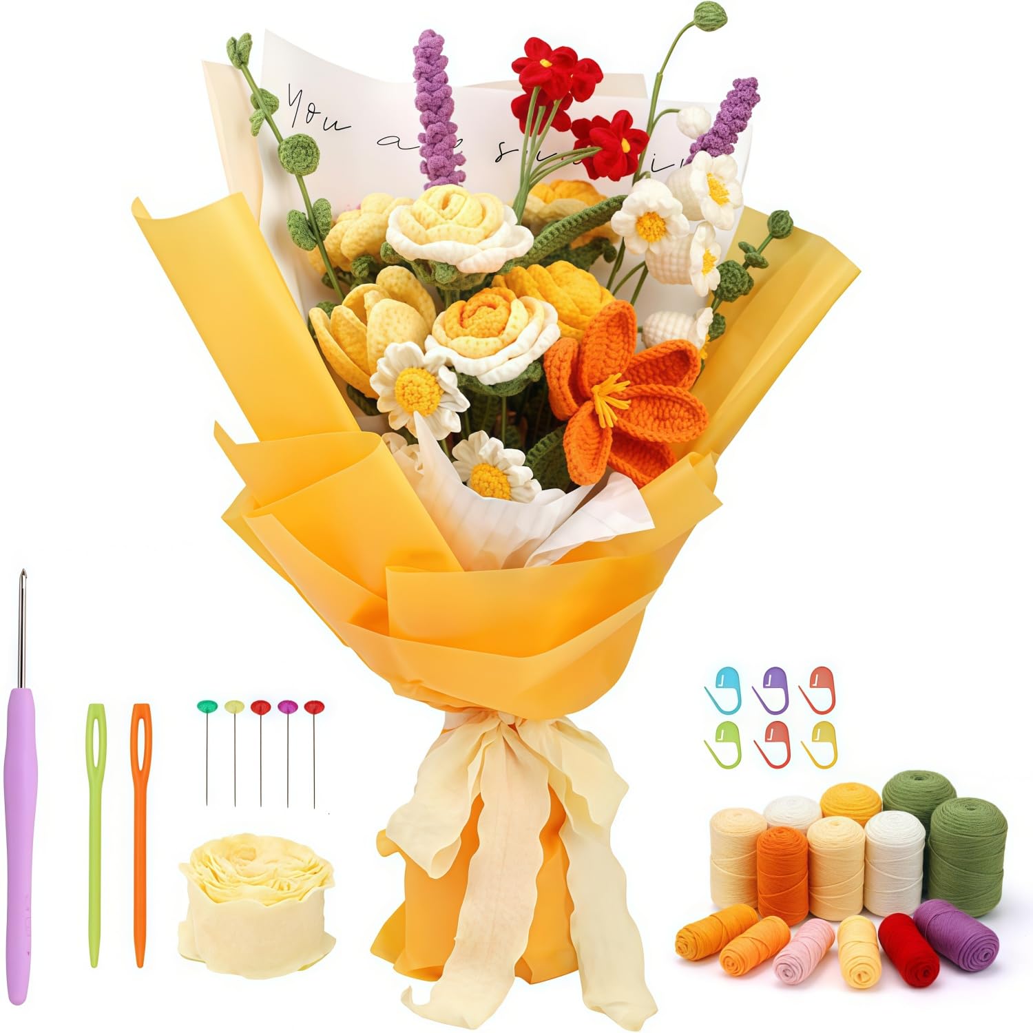 APOMNG Rose Crochet Kit for Beginners Create Your Own Flower Bouquet with Step by Step Video Tutorials and Home Decor,Pink