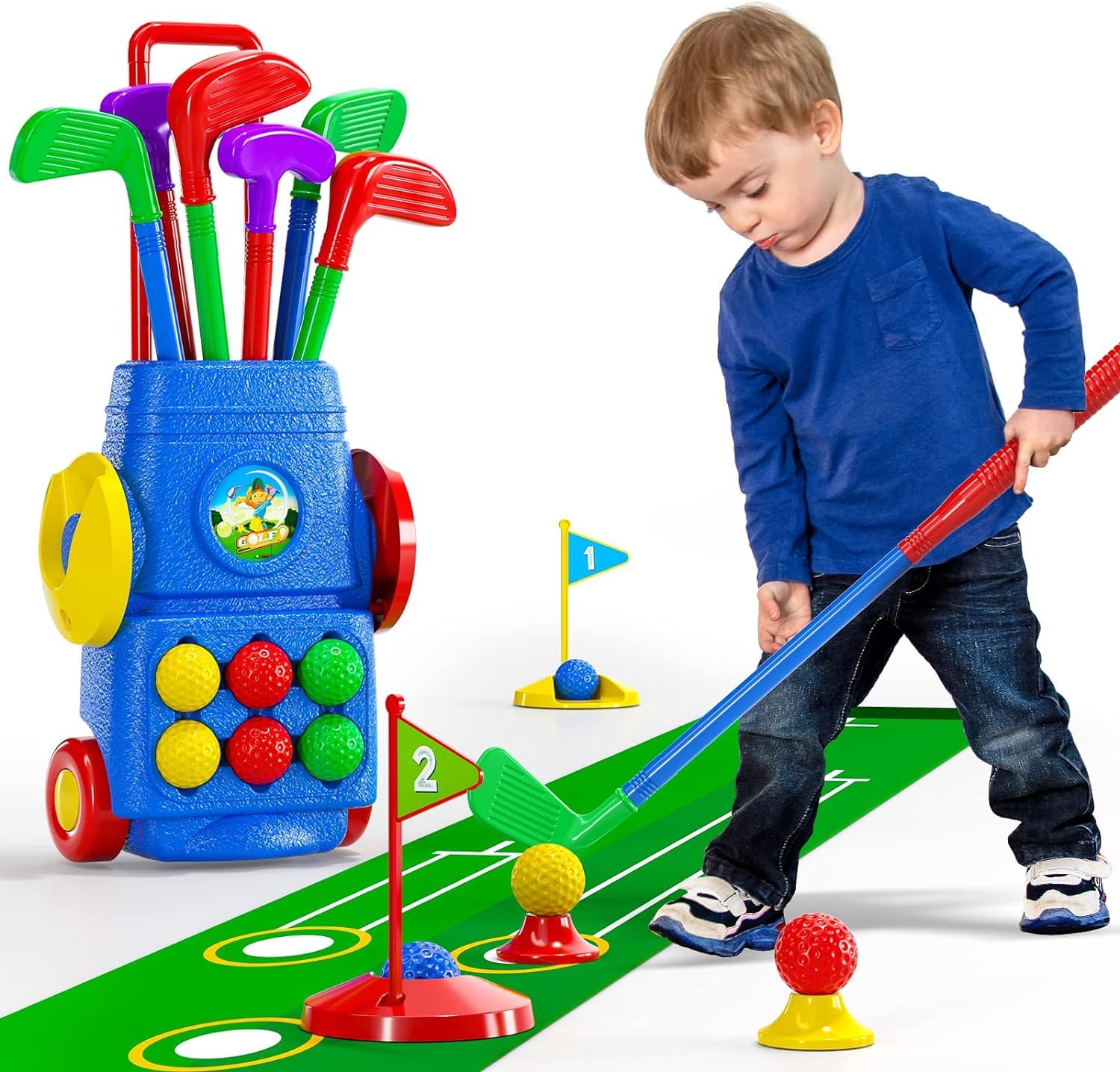 BOBBYQ Toddler Golf Set - Kids Golf Suitcase Game Play Set & Sports Toys with 8 Balls, 4 Golf Sticks, 2 Practice Holes and a Putting Mat - Indoor and Outdoor Toys for 3 4 5 6Year Old Boys Girls