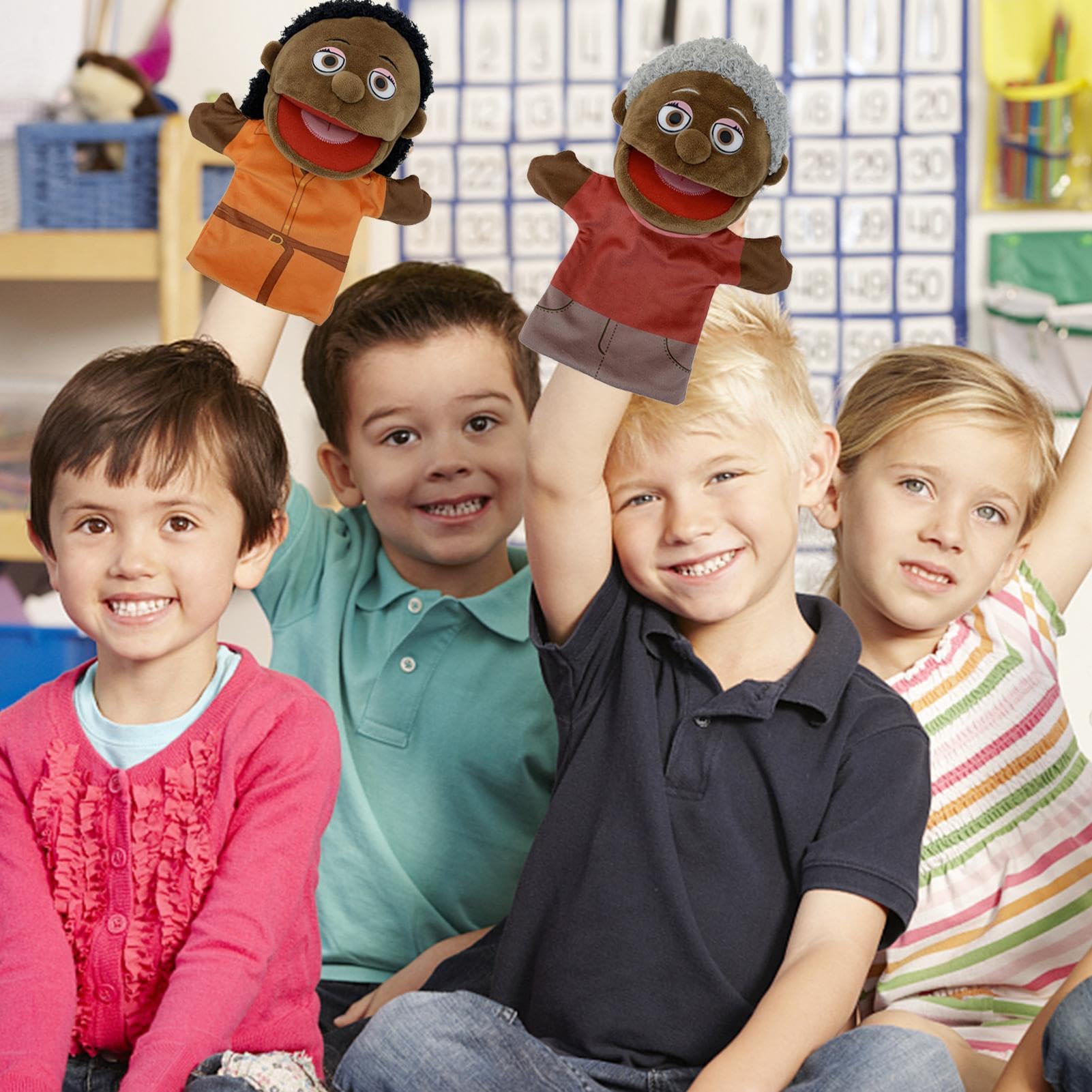 Burattini di famiglia per bambini - 6 pupazzi multiculturali per ragazza e | ragazzo,Membri della famiglia multiculturale da 28 cm, marionette da teatro con bocca mobile, forniture per aule per insegnan