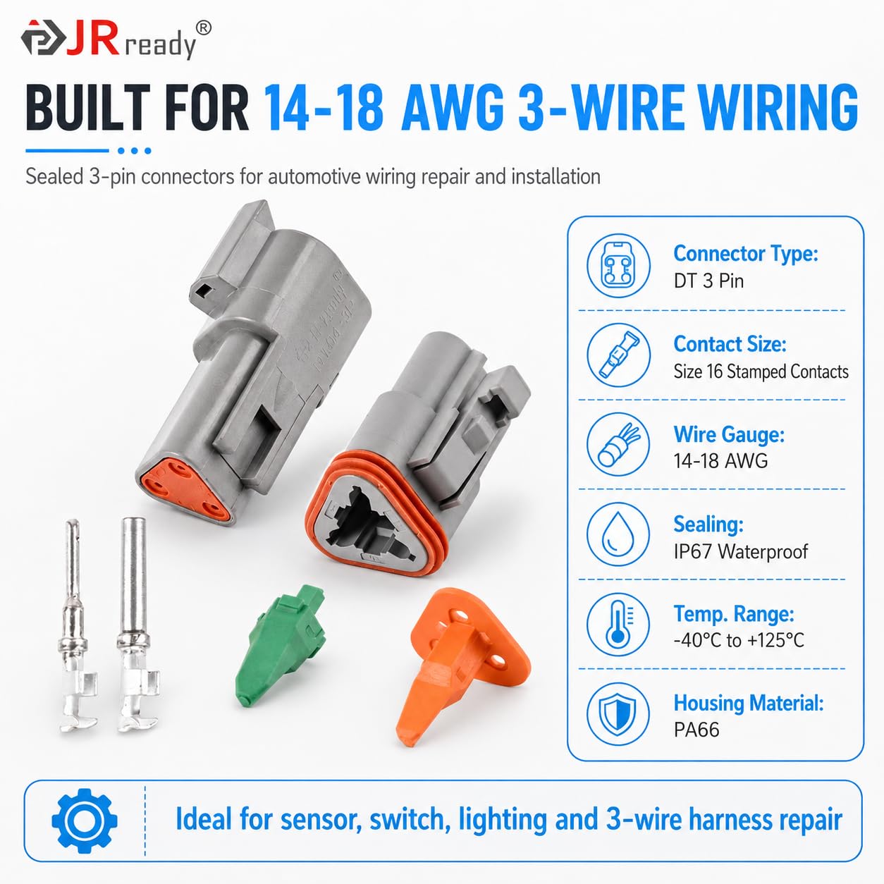 JRready ST6327-301 Deutsch - Kit de conector DT de 3 pines, tamaño 16, contactos sellados 14-18AWG, enchufe de sellado, conector de cable eléctrico automotriz impermeable de 3 pines, color gris, juego