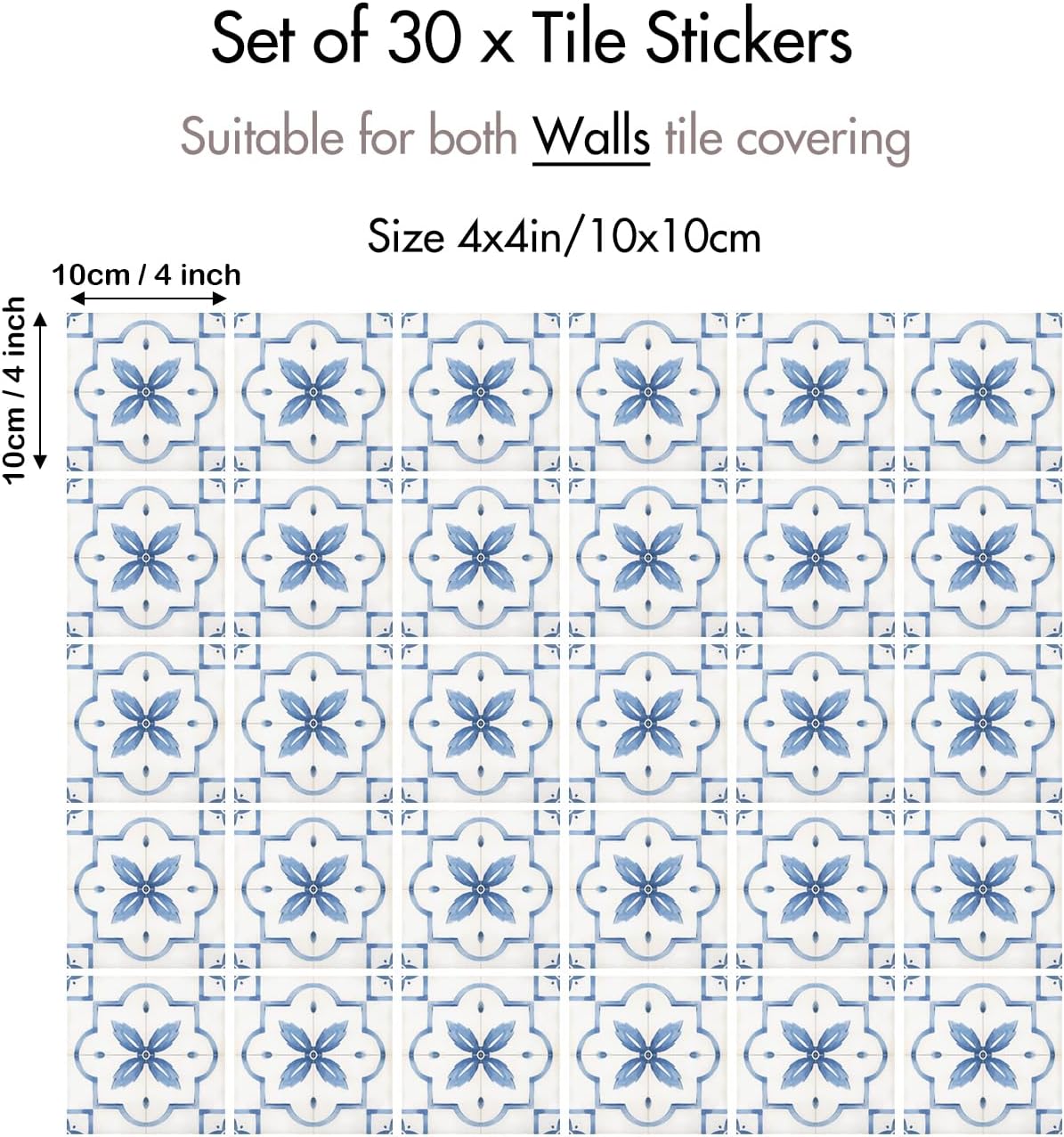 30 Pack, 4x4 Inch French Country Vinyl Decals, Light Blue Watercolor Peel and Stick Wall Stickers, Decorative for Kitchen, Bathroom, Stairs & Furniture
