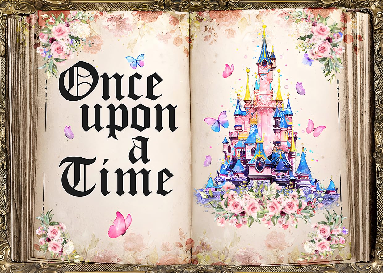 LYCGS 7x5ft Once Upon a Time Fairy Tale Books Backdrop Pink Floral Butterfly Colored Castle Princess Fairytale Birthday Party Decoration X-174
