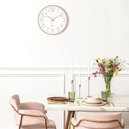 Miniatura 8 de Foxtop Reloj de pared de 14 pulgadas, reloj de pared grande silencioso sin tictac de oro rosa, funciona con pilas, reloj de pared redondo de cuarzo,