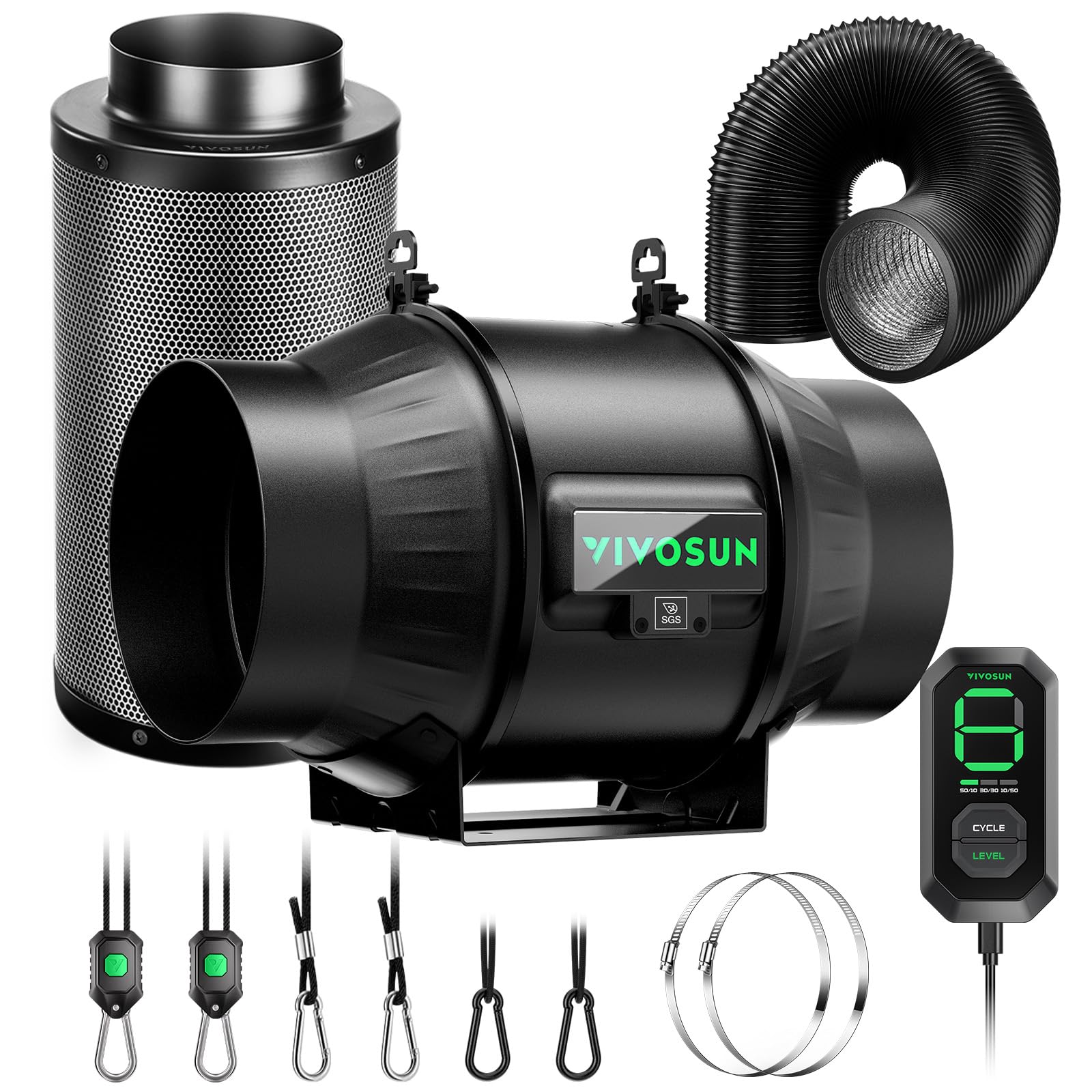 VIVOSUN AeroZesh T6 Abluftset 150mm Rohrventilator Inline Ventilator 693m³/h mit E12-Drehzahlregler, Aktivkohlefilter & 2,5m Schlauch, leiser Abluftventilator für Growbox & Growzelt