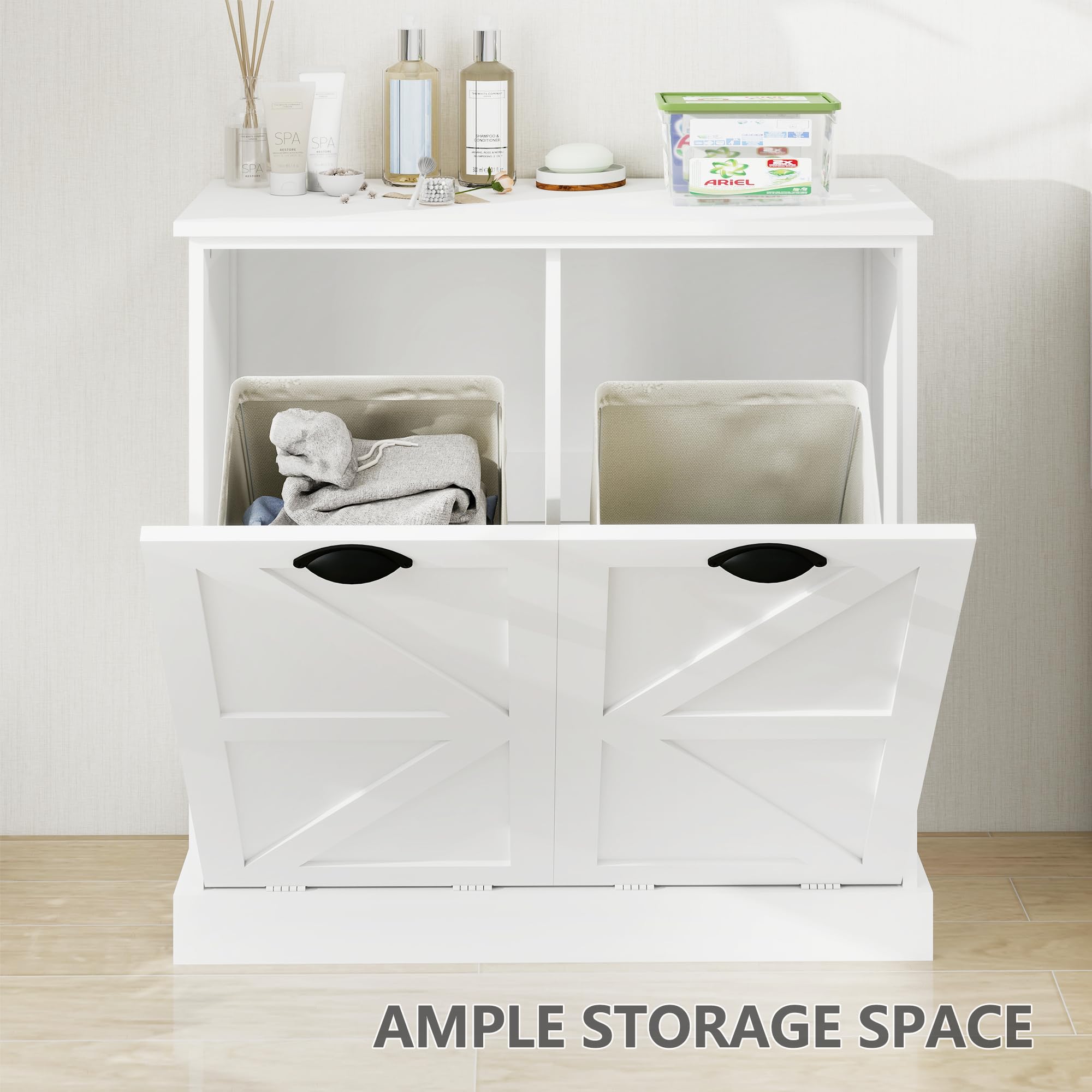 Tilt Out Laundry Hamper Cabinet with Basket, Removable Laundry Basket, Farmhouse Freestanding Hidden Trash Can Cabinet with Laundry Storage Basket for Bathroom, Kitchen