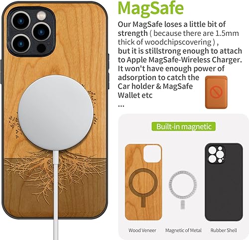 Miniatura 5 de Carveit Funda magnética de madera para iPhone 12 Pro madera real dura y TPU suave negro a prueba de golpes, funda de madera única y elegante