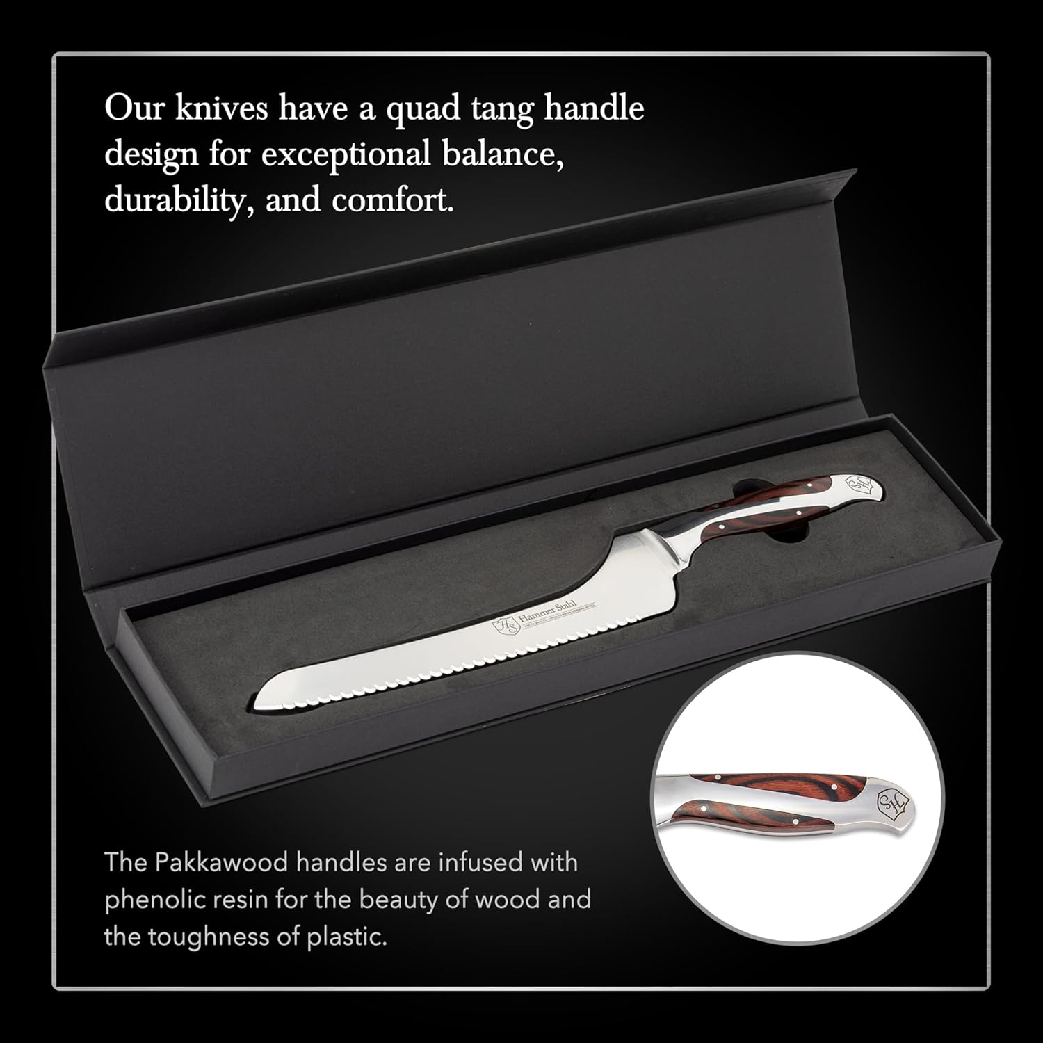 Hammer Stahl 9-Inch Offset Bread Knife - Scallop Serrated Blade - High Carbon German Steel - Ergonomic Quad-Tang Pakkawood Handle