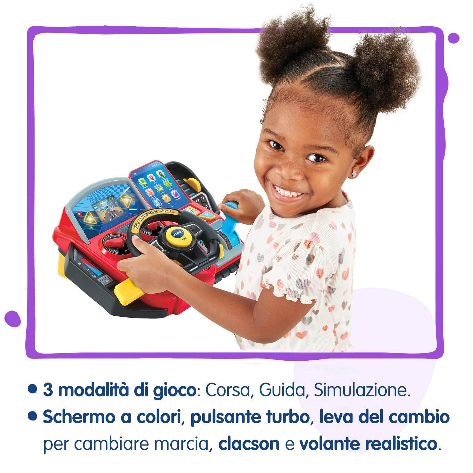 VTech Volante Turbo Pilota, Volante Bambini con Cruscotto Interattivo, Oltre 20 Giochi Educativi e 9 Circuiti, Schermo LCD, Clacson e Indicatore Direzione, Lingua Italiana, Batterie Incluse, 3-8 Anni