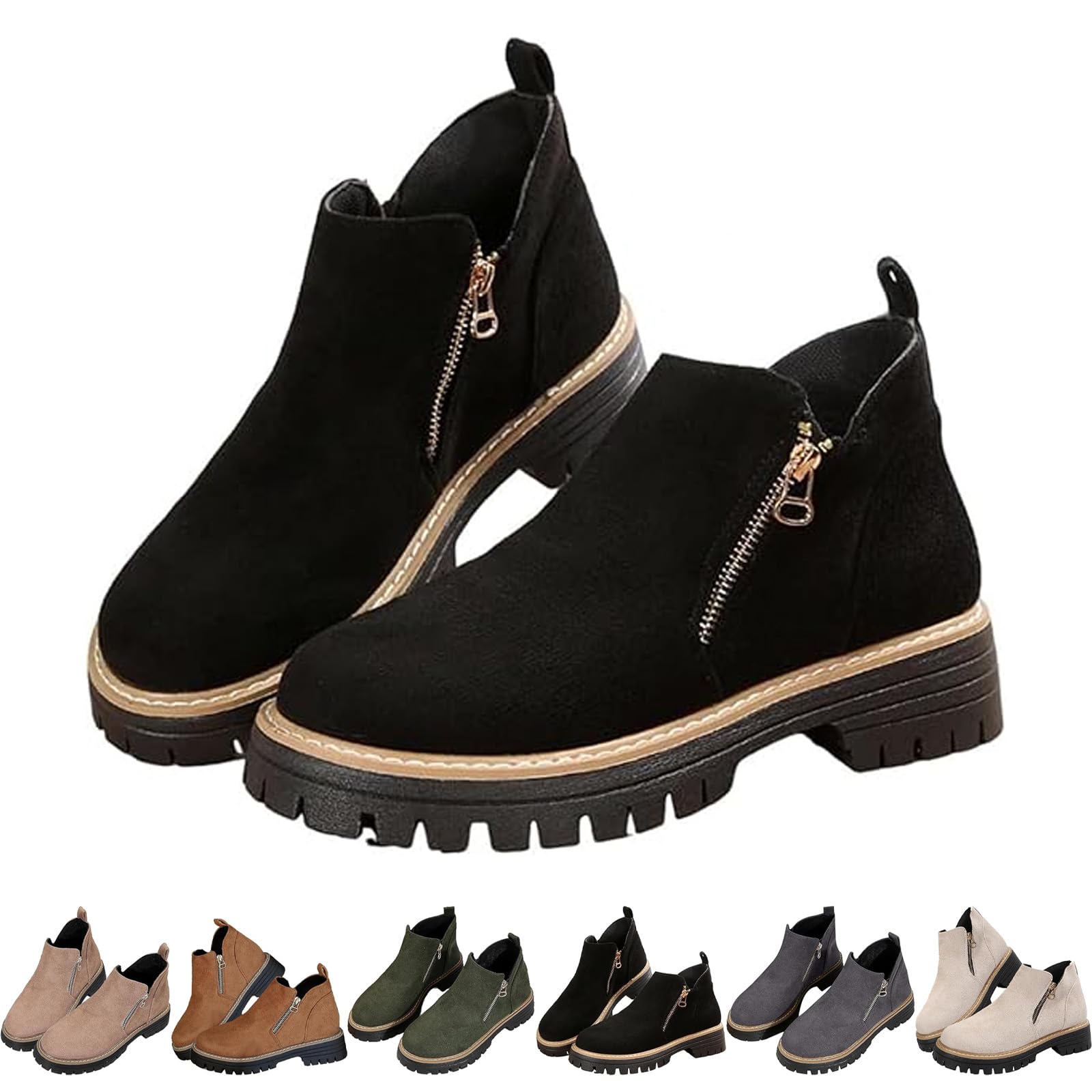 Womens Platform Ankle Boots with Side Zipper Orthopedic Suede Chunky Heel Short Boot Chunky Sole Non Slip Shoes