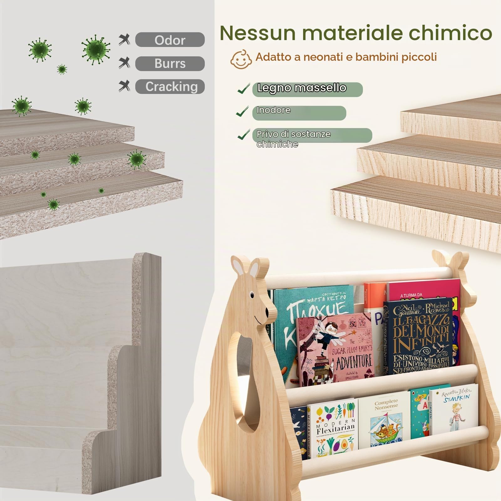 EURYUNG Libreria per bambini in legno – Montessori Mensola per cameretta dei bambini, mobili per la cameretta dei bambini, organizer per libri per bambini