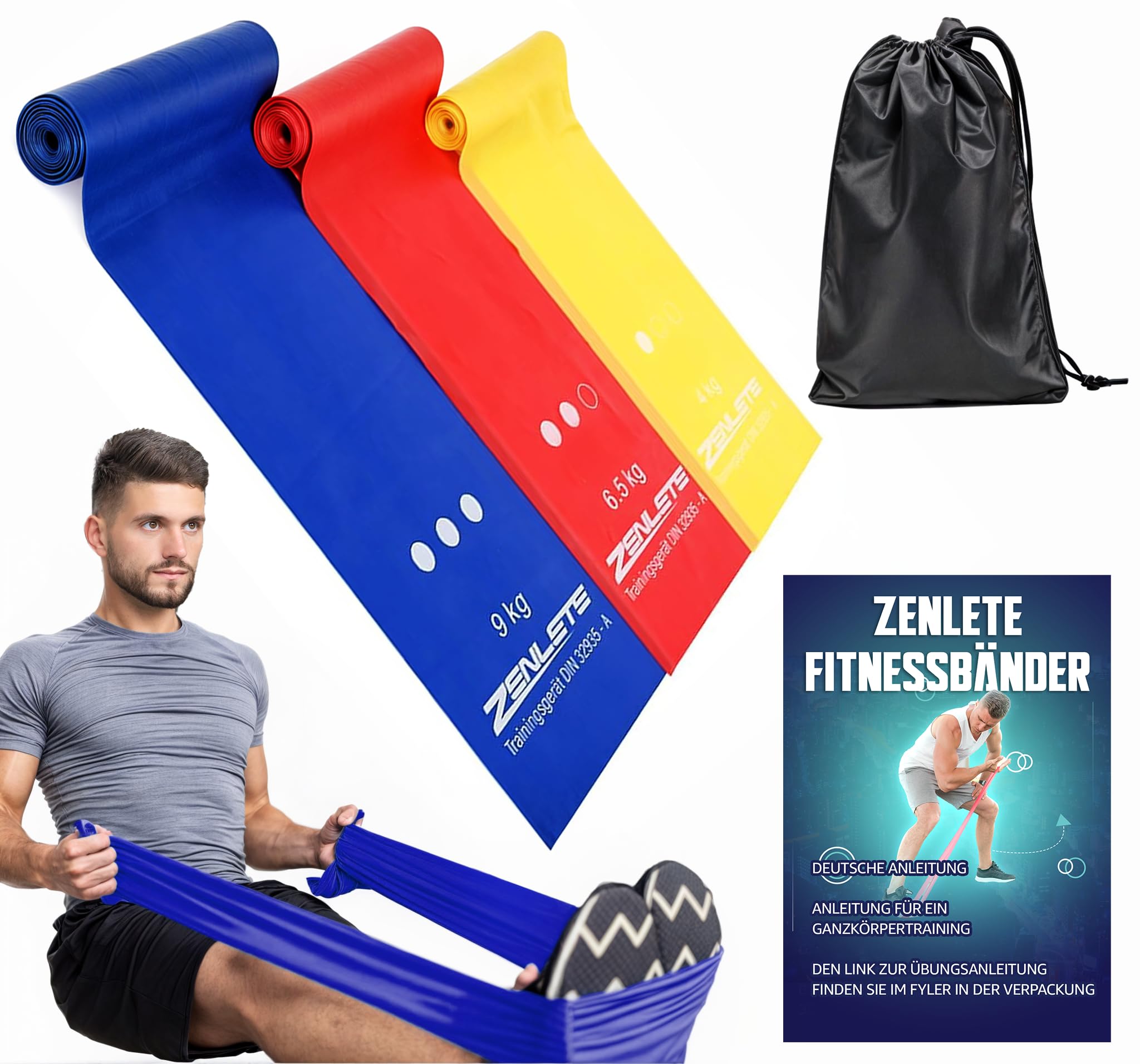 zenlete Fitnessbänder 3er Set 2,5m lang – Widerstandsbänder Muskelaufbau, Yoga, Pilates & Physiotherapie, Original Fitness-Band Gymnastikband, extra langes Trainingsband mehr Bewegungsfreiheit