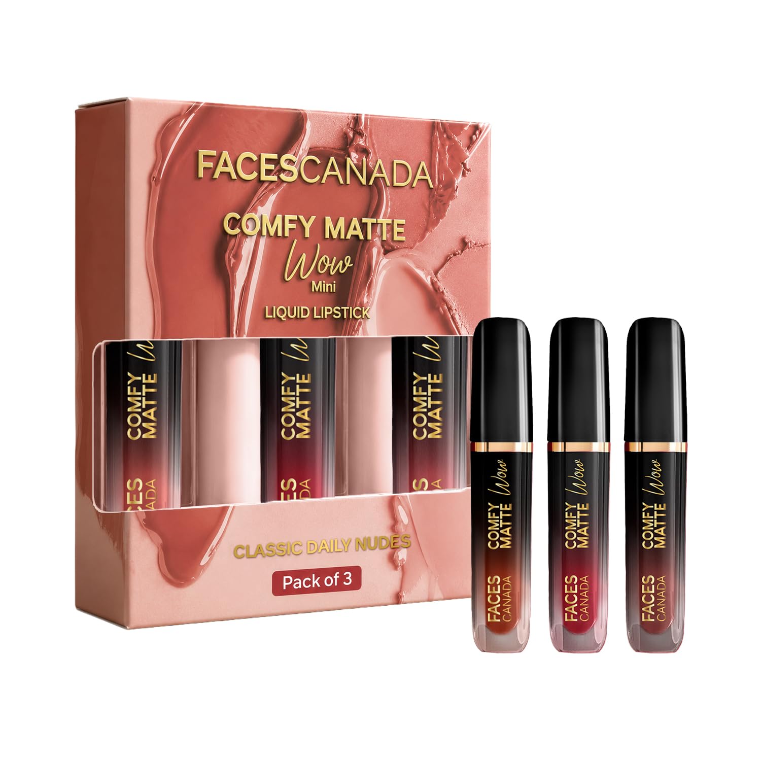 FACES CANADA Comfy Matte Wow Mini Liquid Lipstick - Classic Daily Nudes, (2 ml x 3) | Choco Couture + Cocoa Crush + Nude Nectar | One Swipe Application | Highly Pigmented | Comfortable Wear | Long Lasting | Pack of 3-image-4
