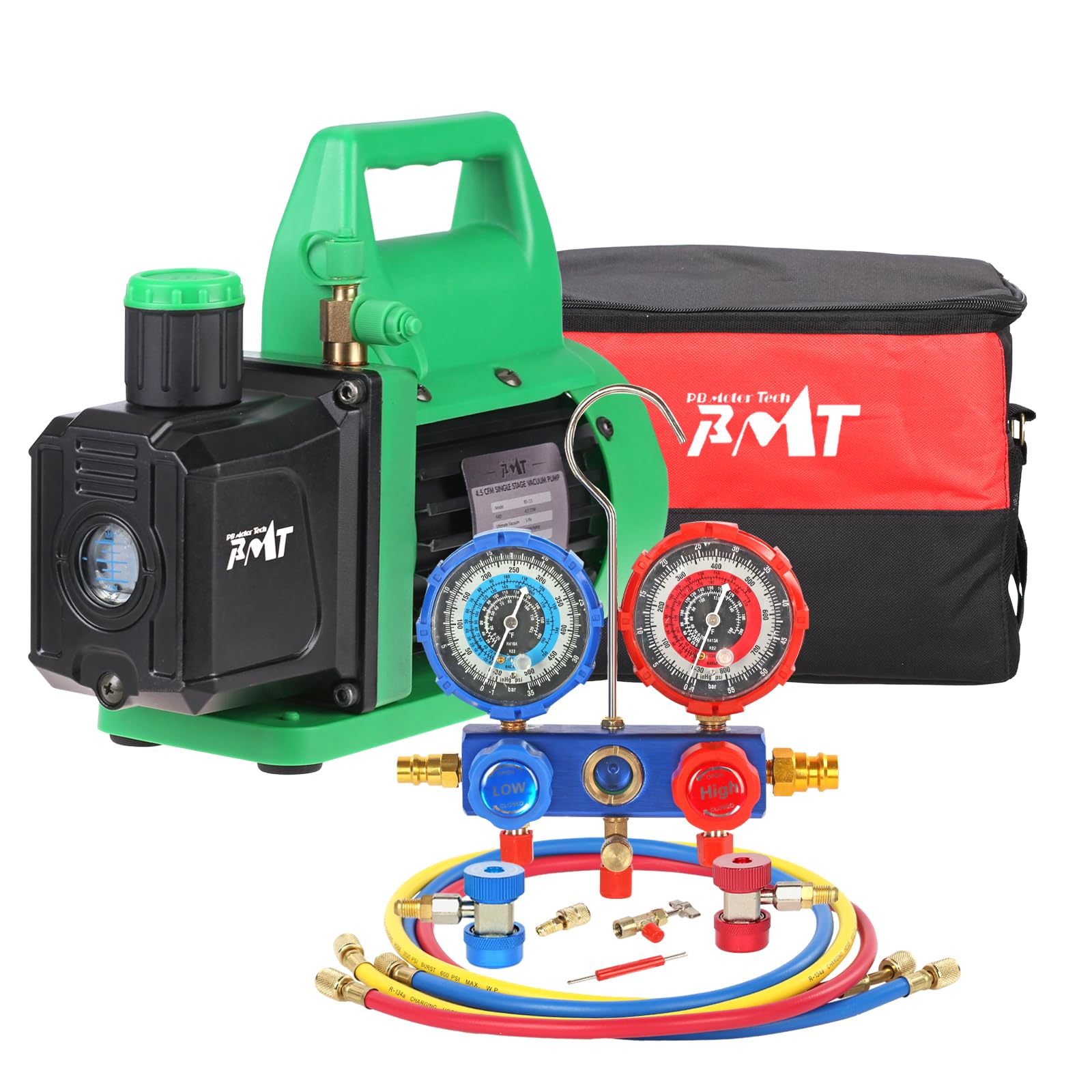 PB Motor Tech - Juego de Bomba de vacío y manómetro - Bomba de 4.5 CFM con manómetro de Aluminio, acopladores rápidos, Adaptador 410, Herramienta de Grifo y Bolsa de Transporte, para refrigerantes