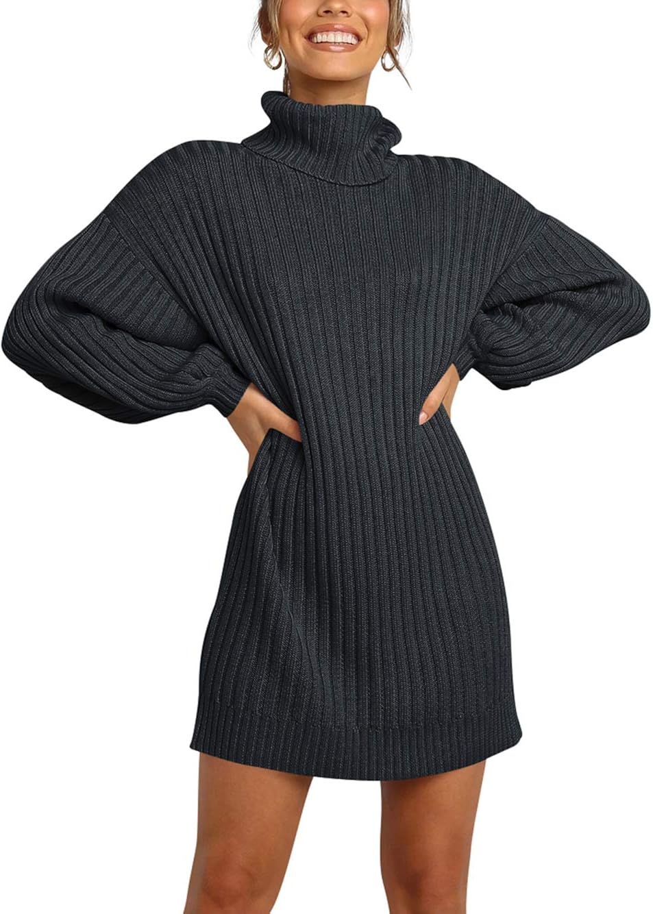ANRABESS Women Turtleneck Long Lantern Sleeve Casual Loose Oversized Sweater Dress