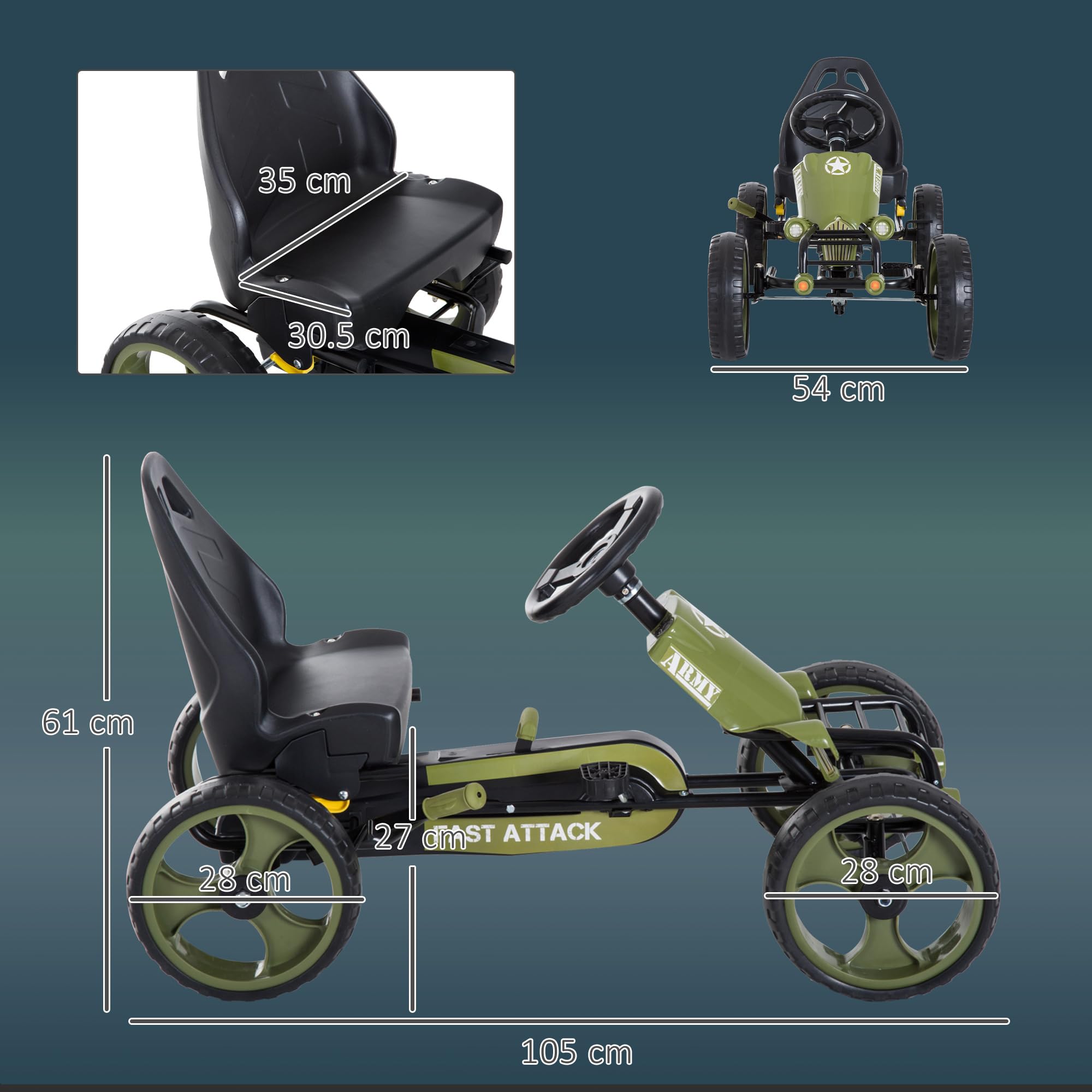 HOMCOM Go Kart a Pedali per Bambini con Freno a Mano e Sedile Regolabile, Kart per Bambini 3-6 Anni con Pedale Antiscivolo e 4 Ruote in EVA, Verde
