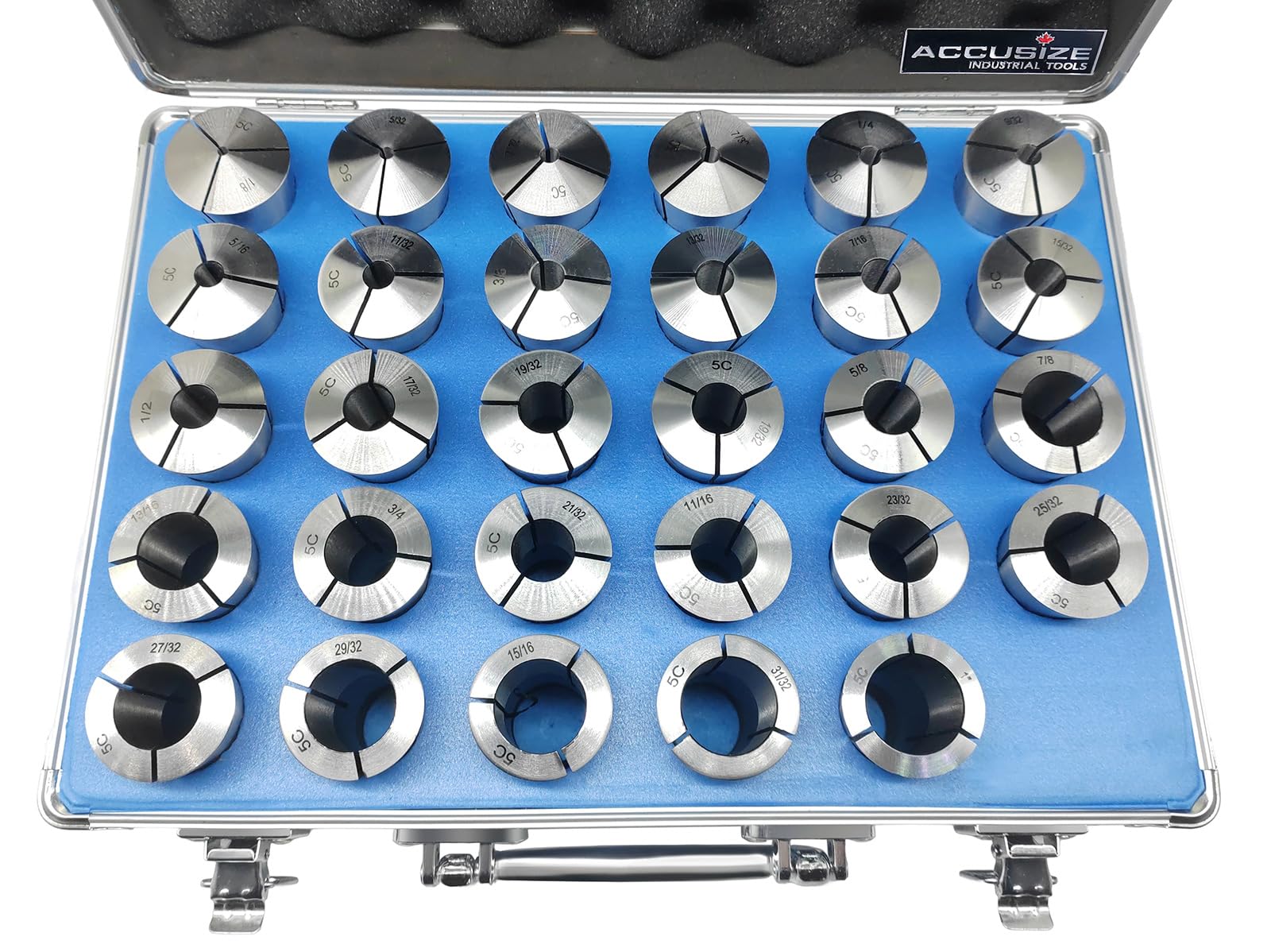 Accusize Industrial Tools 29 Pcs 1/8-1'' by 32nds 5C Precision Round Collets, Hardened and Ground, 0200-0572