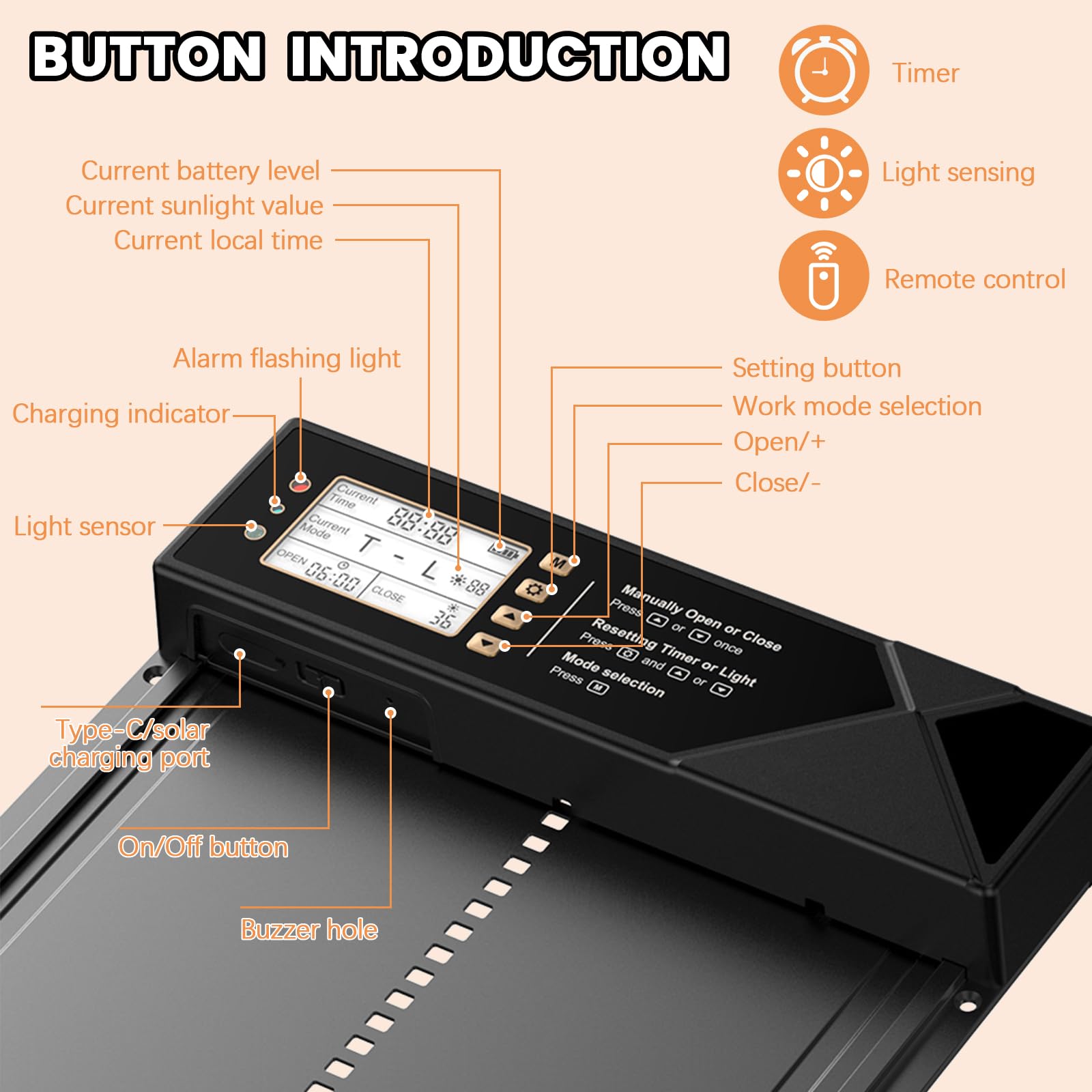 Porta automatica per pollaio solare, apriporta elettrico per pollaio, con display impermeabile, con design anti-pizzicamento, con sensore di luce, con telecomando, con temporizzazione