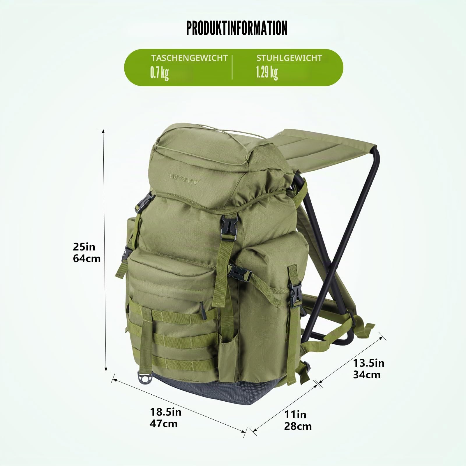 THKFISH 35L Angelrucksack Wasserabweisend mit Stuhl, 3-in-1 Groß Rucksack mit Rutenhaltern Aufbewahrungstasche Tragbarer Hocker,Angel Rucksack für Outdoor Angeln Camping und Jagd,Grün