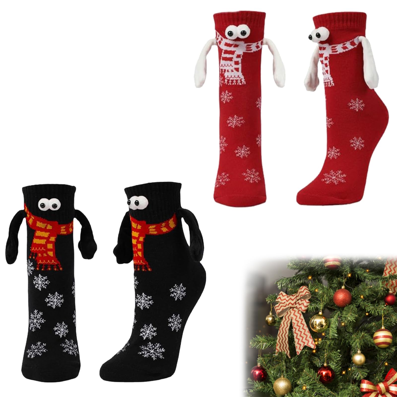 2 Pairs 3D Funny Christmas Magnetic Suction Couple Socks Hand Holding Socks Holding Hands Socks Funny Socks for Women Men Magnetic Hand Holding Socks Cute Socks Christmas, New Year Gift (Red+Black)