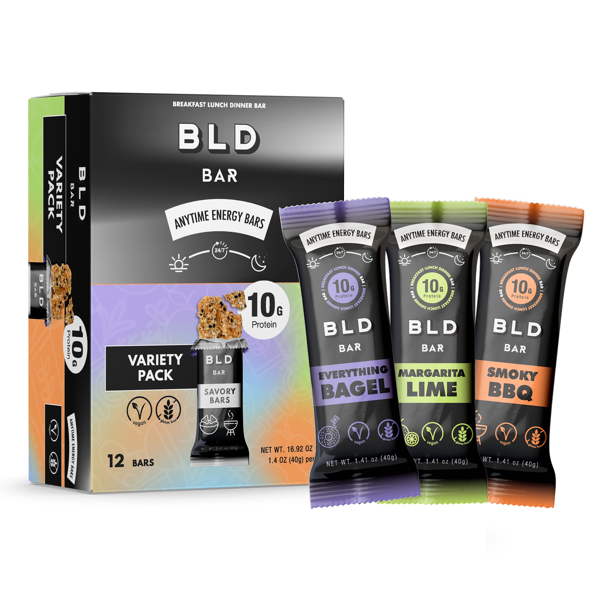BLD BAR - Savory Energy Bars - Meal Replacement - High Protein Vegan Bars - Gluten Free and Low Sugar - Low Sweetness Vegan Snack 12-Count (Variety)