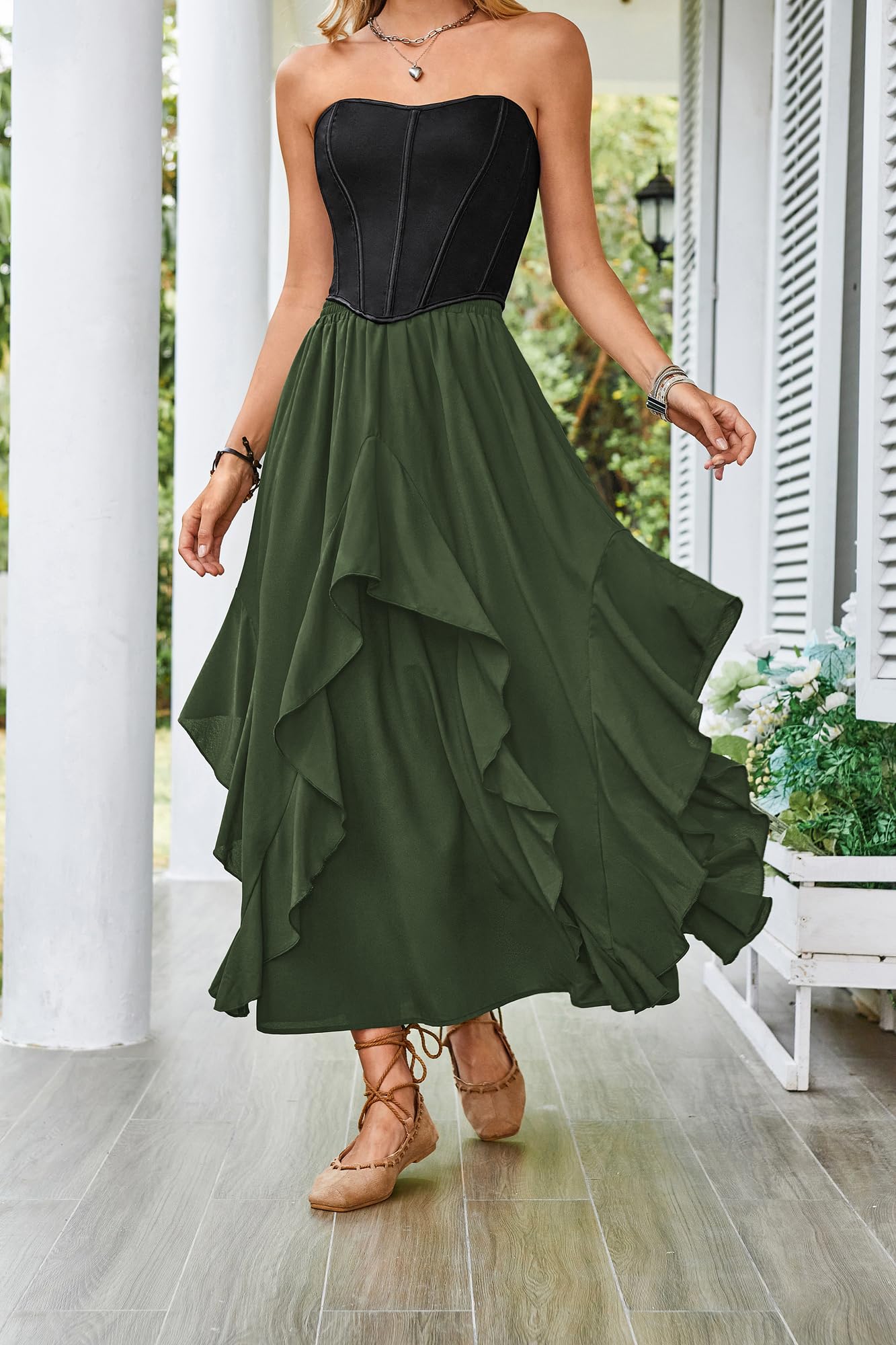 SCARLET DARKNESS Damen Mittelalter Rock Lang Elastische Taille mit Taschen Chiffon Rüschensaum Piraten Rock