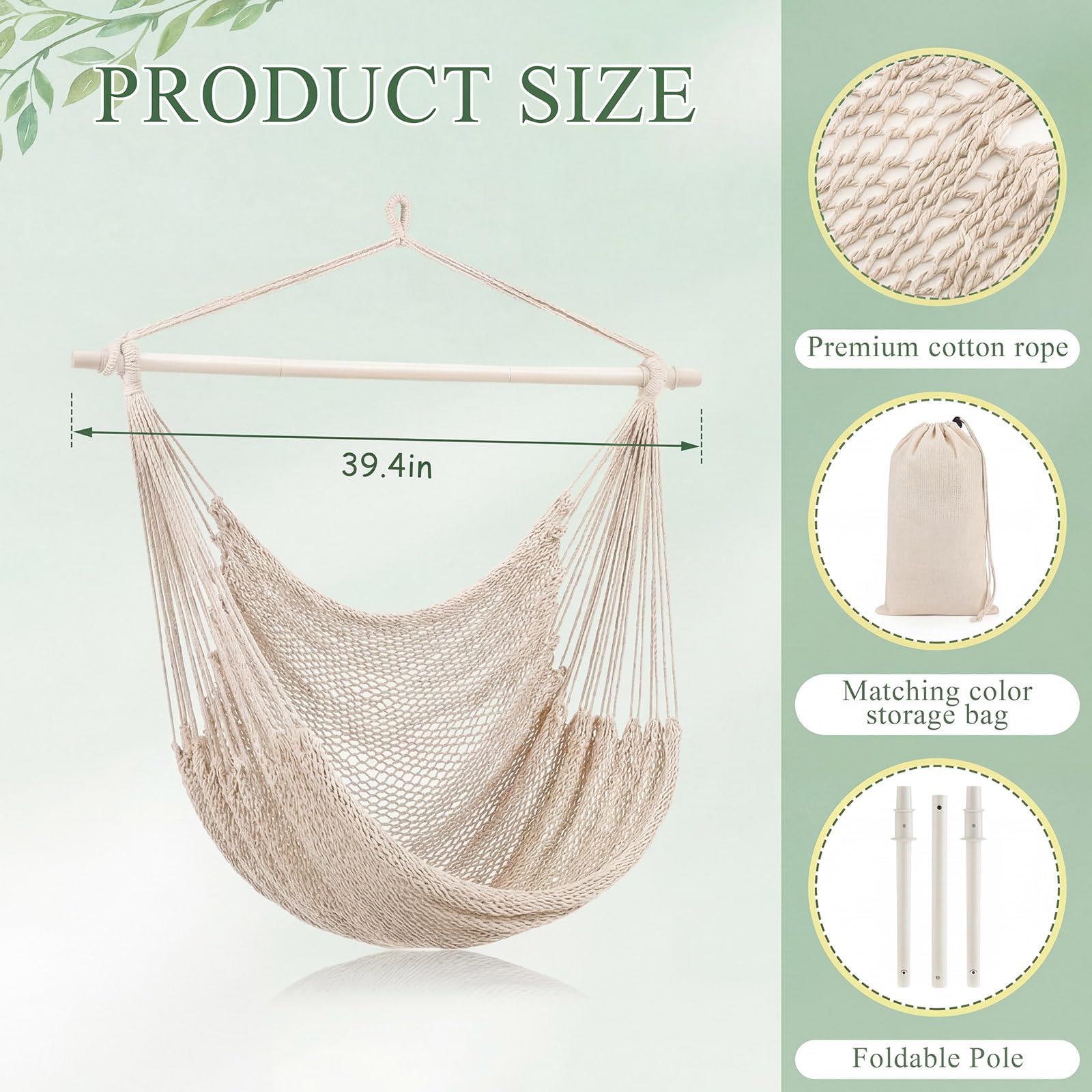 Barydat Wiszący fotel hamakowy, boho, huśtawka, do wewnątrz, na zewnątrz, bawełniana lina, tkactwo, krzesło z 100 cm, zdejmowane metalowe pręty, na podwórko, do salonu, sypialni, ogrodu, 2 szt.,
