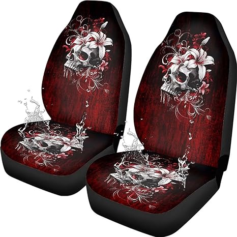 Skull Print Car Front Seat Cover 2 Piece Waterproof Car Seat Cover Front Seats Only Easy to Install Vehicle Seats Protector for SUV Vehicle Sedan Truck