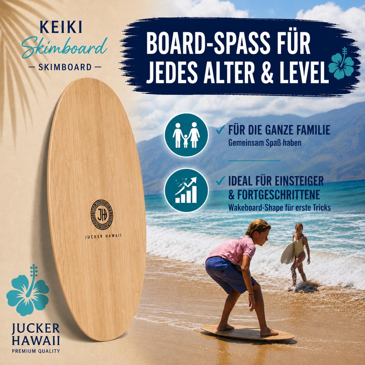 JUCKER HAWAII Skimboard KEIKI 90 cm | 5-lagiges Holz, Für Kinder & Erwachsene (25–90 kg), Anfänger & Fortgeschrittene, Für Meer, See & Fluss