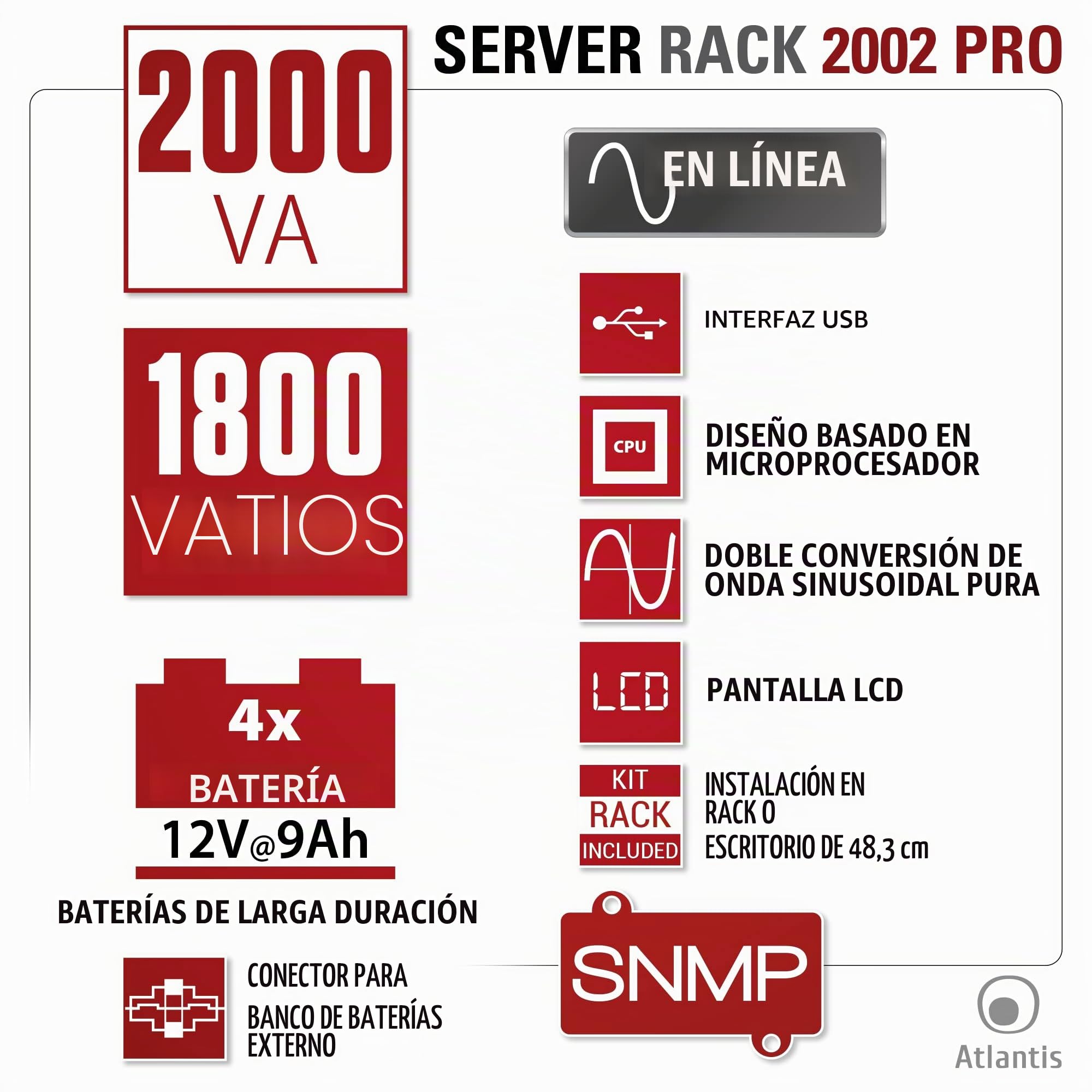 Atlantis A03-OP2002P-RC PRO UPS Sistema de alimentación ininterrumpida OnLine doble conversión onda sinusoidal pura 2000VA 1800W, servidor RACK, pantalla LCD, USB, RS232, 8 IEC, ranura SNMP, 4x12V 9Ah