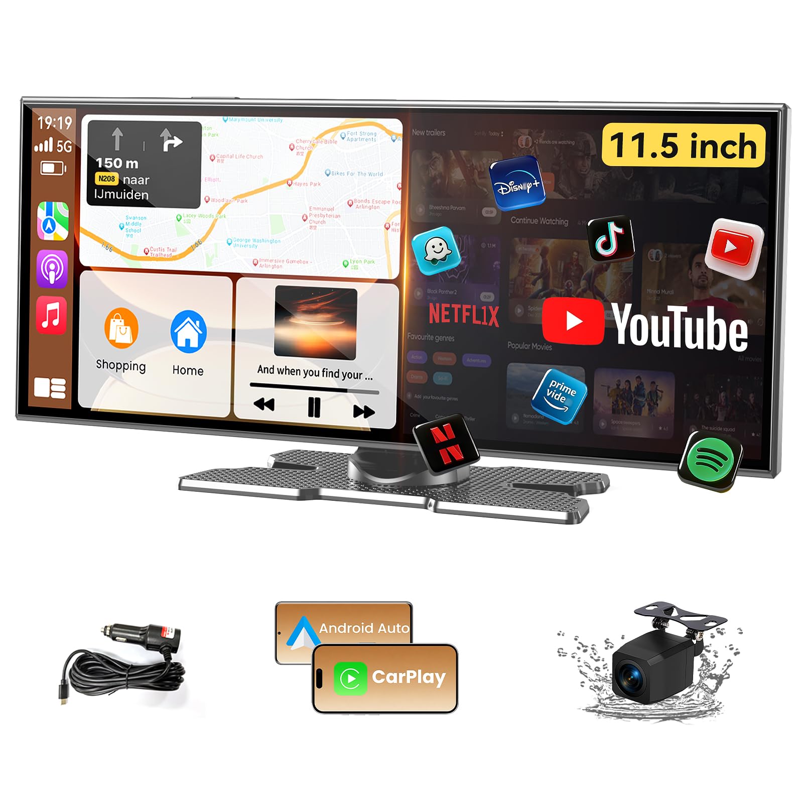 Largest 11.5 inch Wireless CarPlay Screen for Car,Built-in N-etflix/YouTube/TikTok and other apps,A-pple CarPlay & Android Auto screen with1080P Backup Camera/Navigation/Voice Control,for All Vehicles