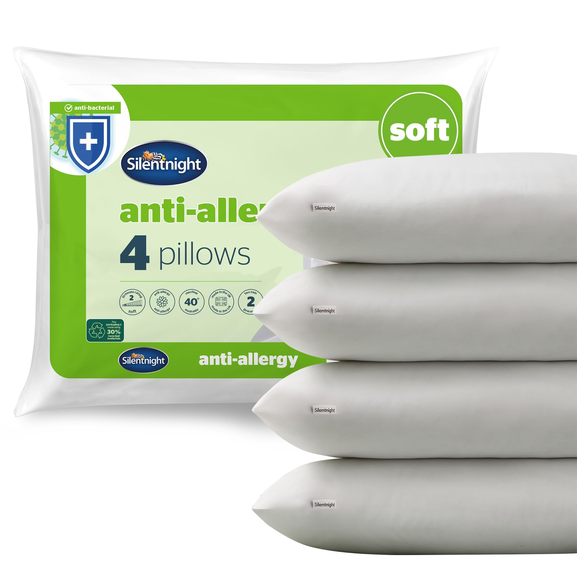 Silentnight Anti Allergy Soft Pillows 4 Pack – Soft Support Pillows with Bouncy Fibres Ideal for Front and Stomach Sleepers – Hypoallergenic and Machine Washable – Pack of 4