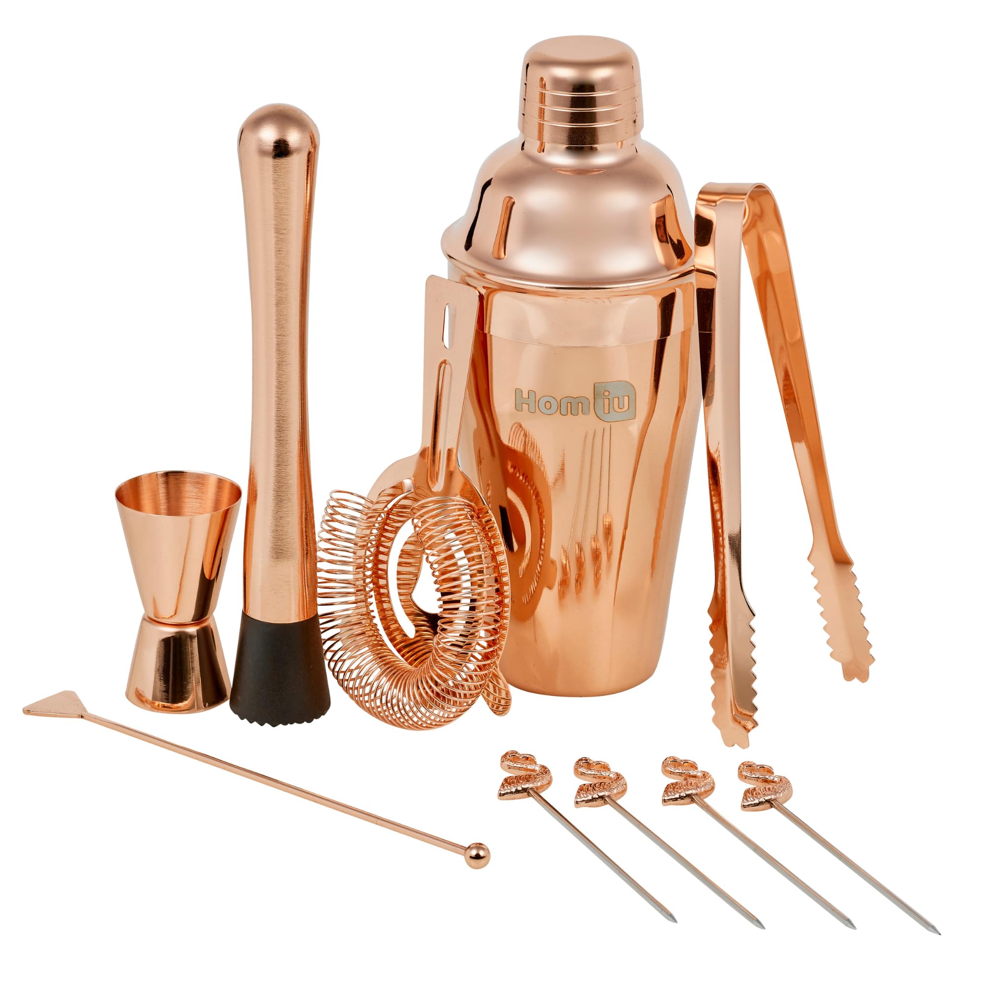 Homiu Women's Rose Gold Cocktail Shaker Set | 10-Piece Stainless Steel Bartender Kit | Cocktail Shaker Recipes Booklet Double Jigger, Ice Tongs, Stirrer, Cocktail Sticks | Drink Mixing, Home, Bar, Party
