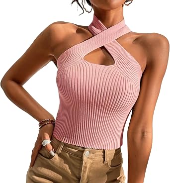 Womwen Summer Cross Ribbed Knit Halter Y2K Crop Top Clothes Femme Sexy Casual Backless Cropped Tank Pink,Medium