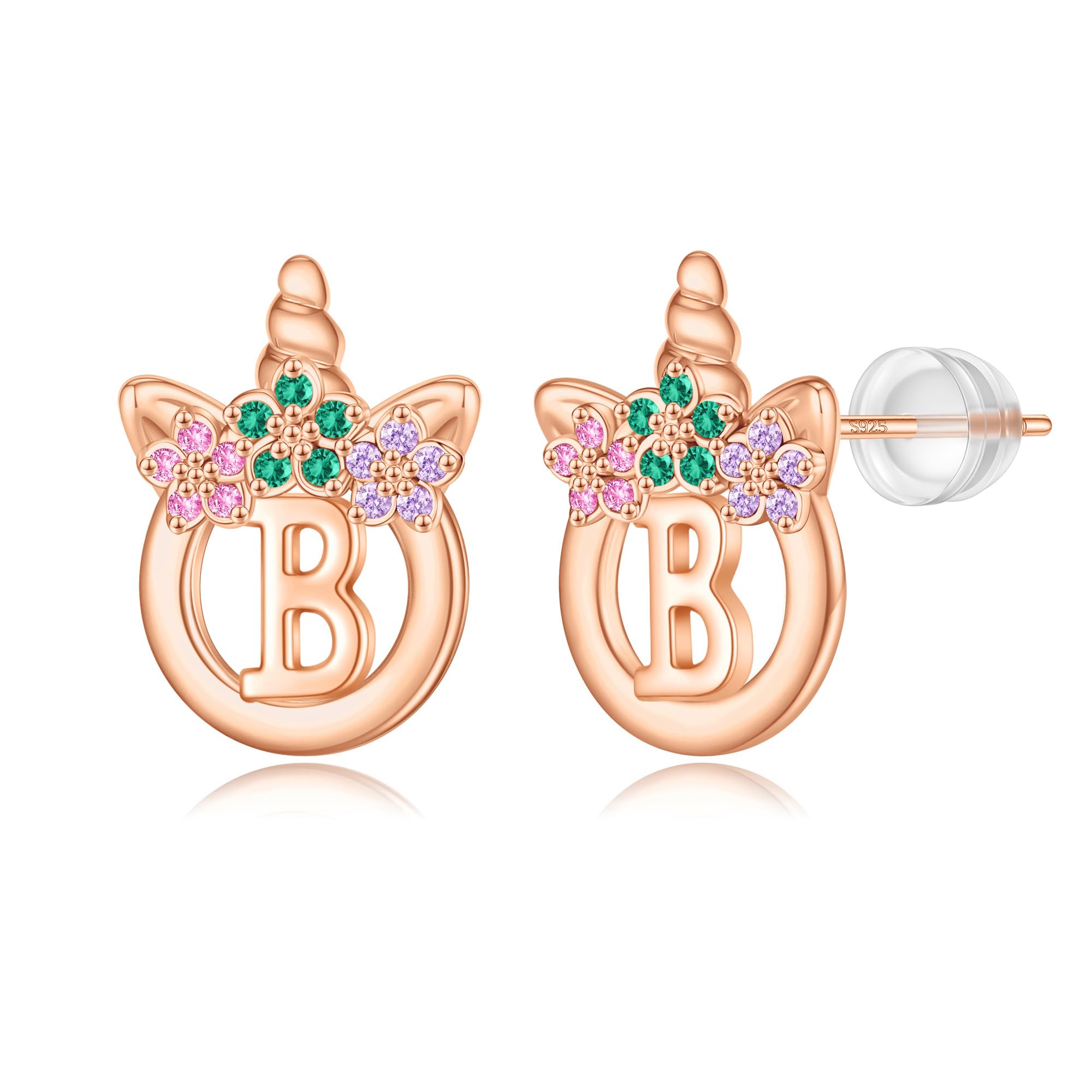 Unicorn Earrings Gifts for Girls - 925 Sterling Silver Stud Earrings Hypoallergenic Initial Unicorn Earring for Girls Kids Jewelry CZ Birthday Gifts