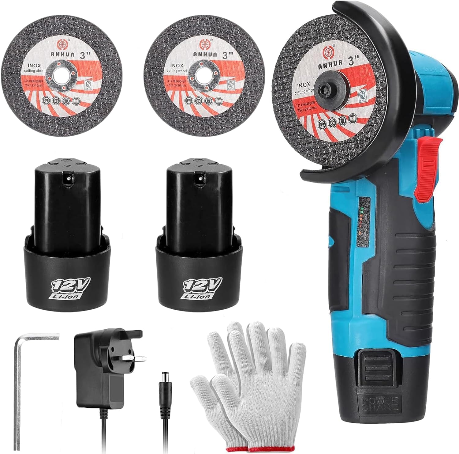 Wemart Mini Angle Grinder, 19500rpm Mini Grinders Power Tools, Handheld Portable Electric Grinder Machine with 2 Cutting Disc and 2 1500mAh Battery (blue)Wemart Mini Angle Grinder, 19500rpm Mini Grinders P…