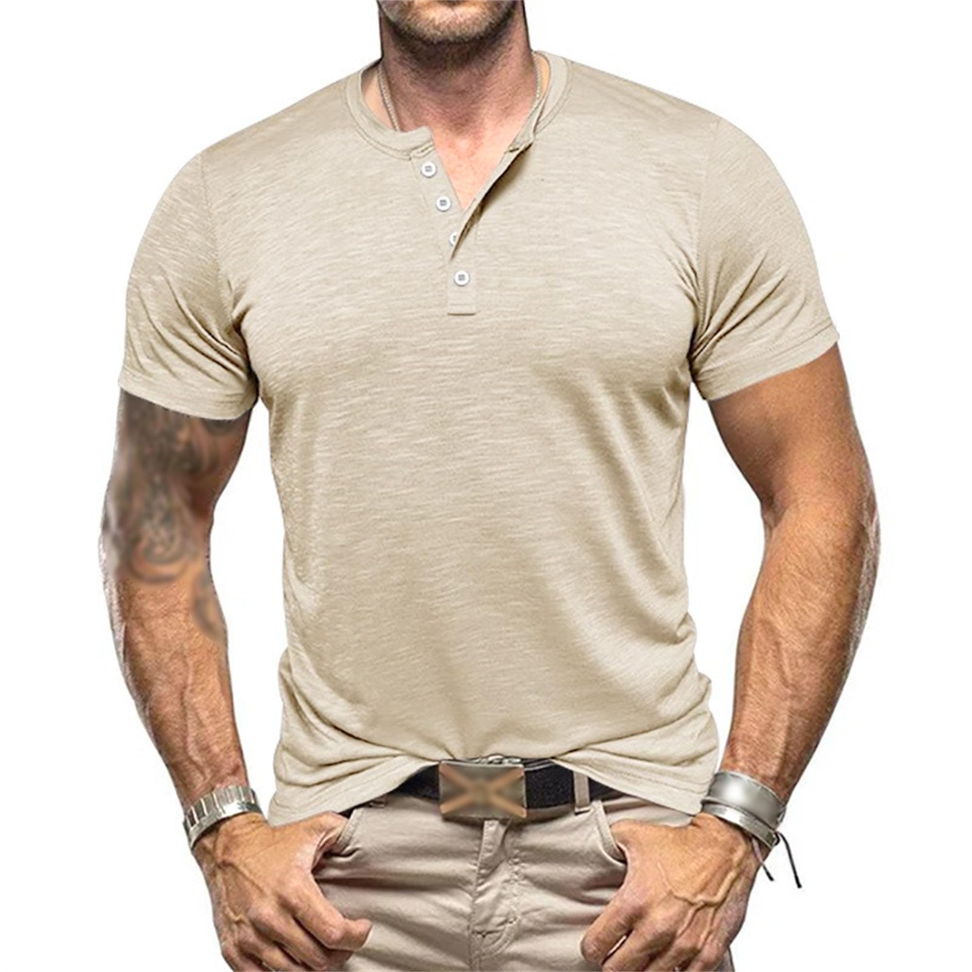 Men Quarter Button Tight Henry Shirt Short Sleeve Round Collar Thin T Shirt Summer Classic Cozy Breathable Tops (Apricot,Large)