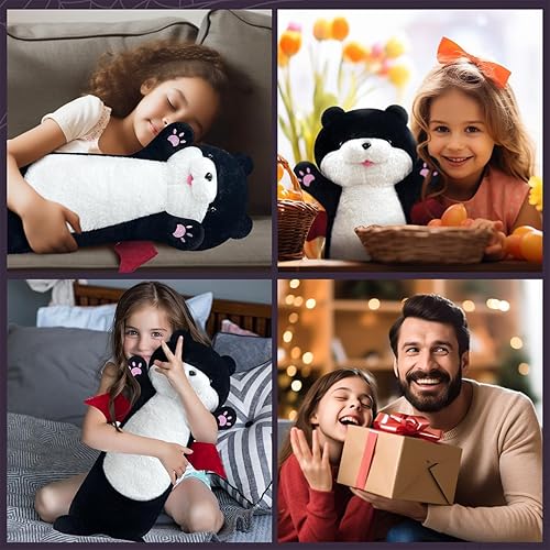 Miniatura 7 de Almohada corporal larga de felpa de gato negro de 26 pulgadas, peluche de gato gigante, peluches de Halloween, lindo y suave bebé con peso de nutria