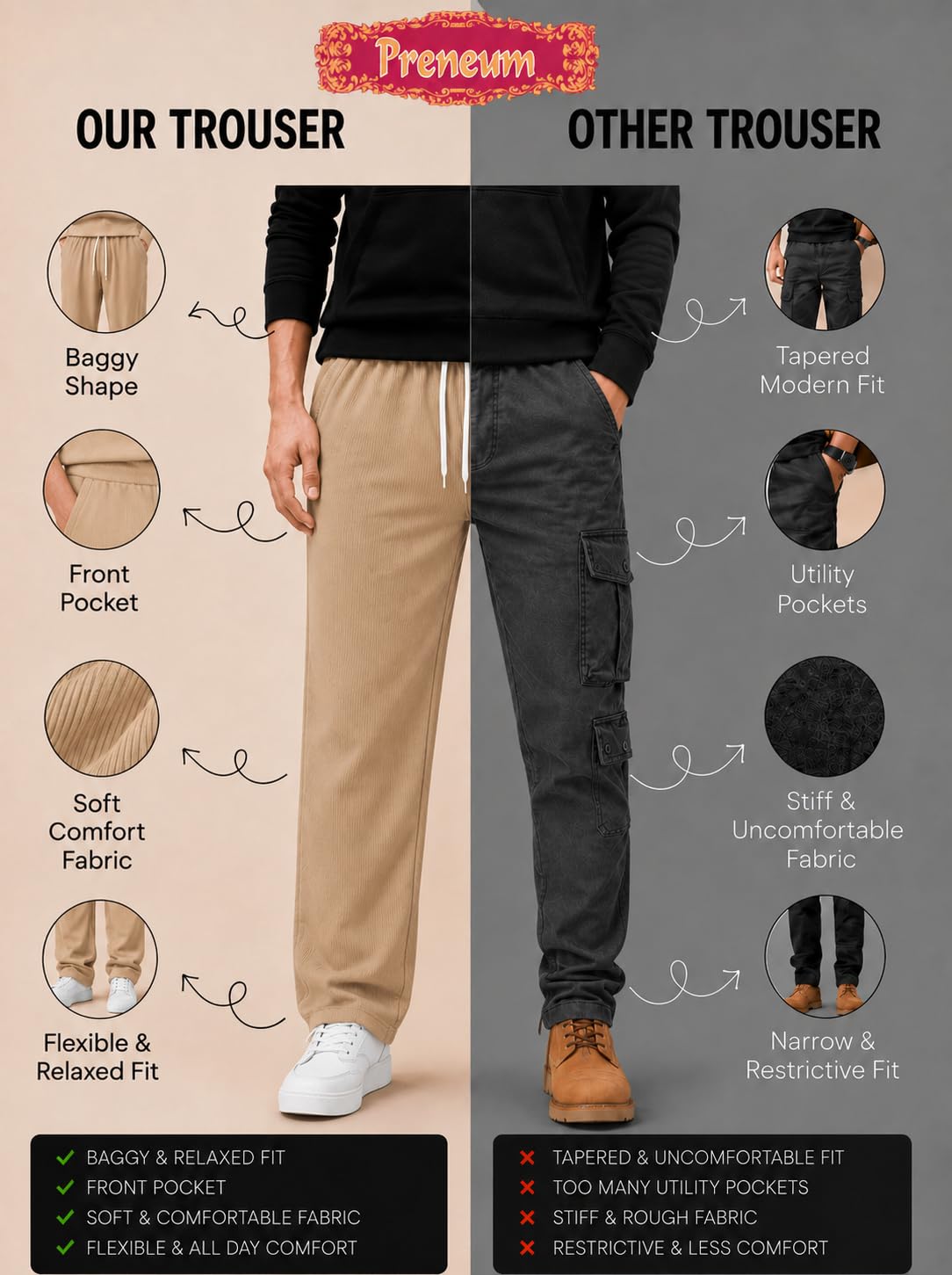 Preneum Men's Relaxed Fit & Comfortable Sweatpant | Flexible Elastic Waist with Drawstring Lower for Man |Pant for Causal Wear |Gym Joggers|Beige|3XL