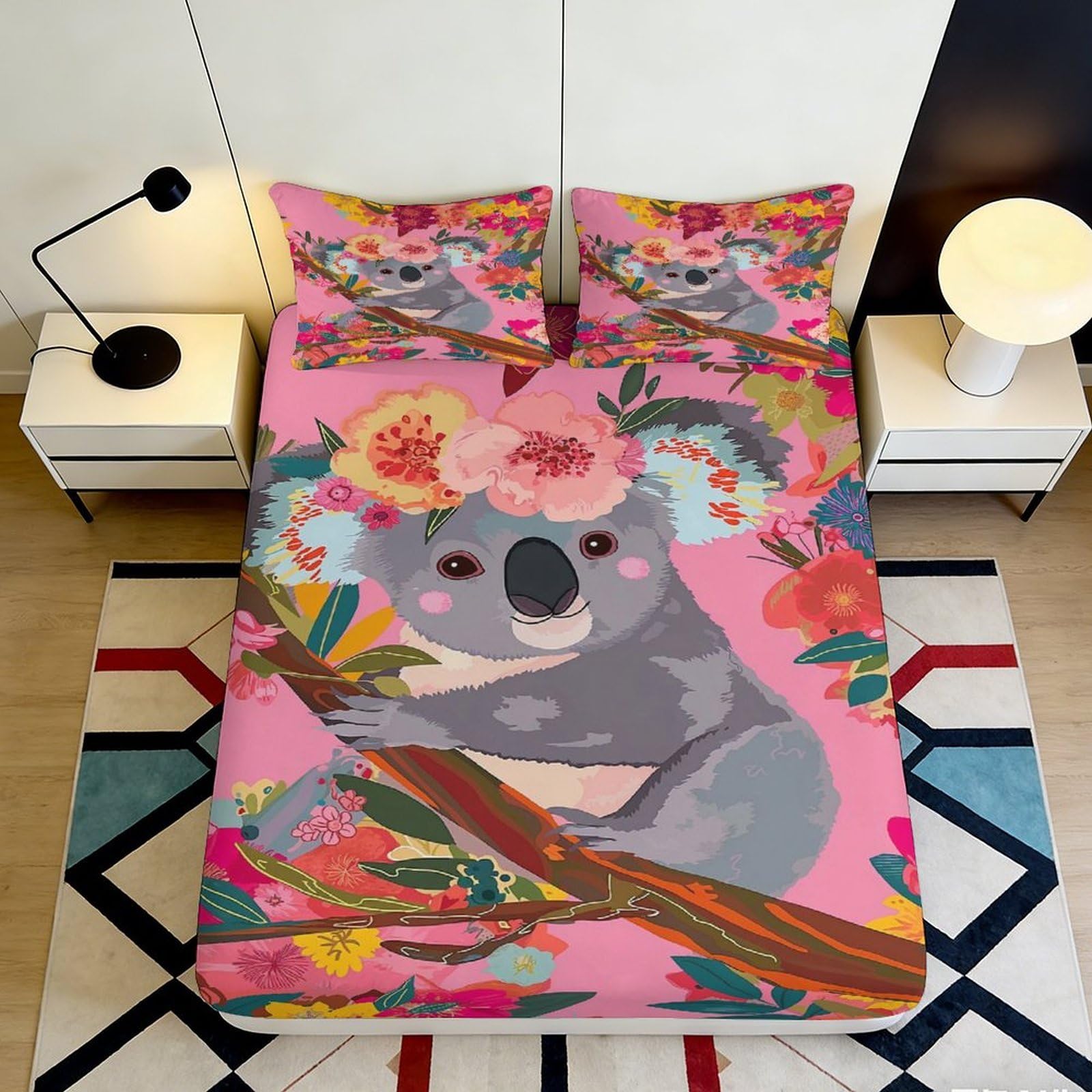 Pnayamiorkfel Style-8 3D Printed Floral Koala Fitted Sheet Microfiber Soft Breathable Bed Cover For Bedroom Dorm Mattress Protection Decor 90X200x25cm