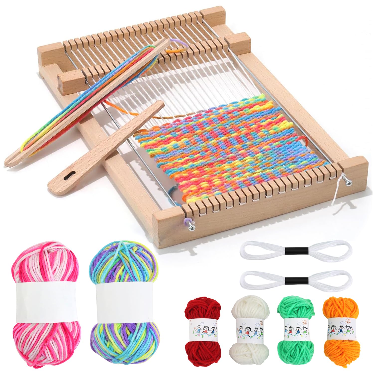 Qcdou Telaio per Bambini, Telaio per Tessitura in Legno Set, con Lana Colorata, Bastoncino per Tessitura, Pettine, Ago per Tessitura in Legno, 19 x 29 cm Cornice per Maglia, per Bambini Principianti