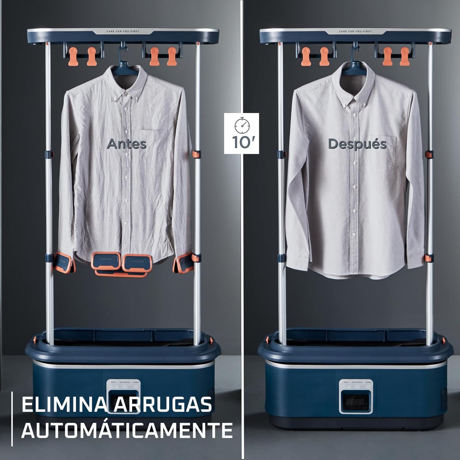 Rowenta Care For You First - Robot de planchado 1500 W, bajo consumo energético, elimina arrugas, desinfecta, refresca y elimina olores, hasta 3 prendas, diseño compacto, incluye accesorios, YR2020
