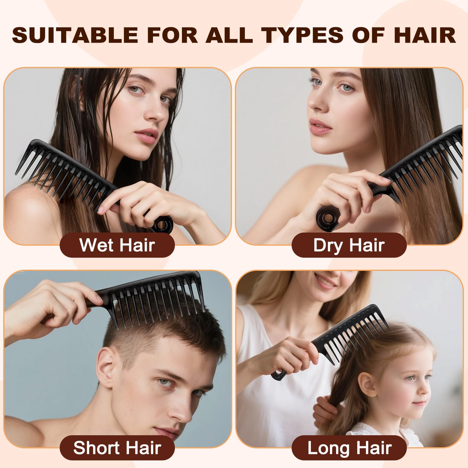 50 pettini a denti larghi, pettine nero spesso per ricci afro spessi, pettini a denti larghi possono districare facilmente nodi, cura quotidiana e styling spazzola per capelli asciutti bagnati lisci