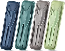 Utensils Set with Case, 4 Sets Reusable Cutlery Set, Wheat Straw Utensil Set Spoon Knife Fork Chopsticks, Portable Flatware Set for Lunch Box, Camping Tableware Set for School Picnic Daily Use