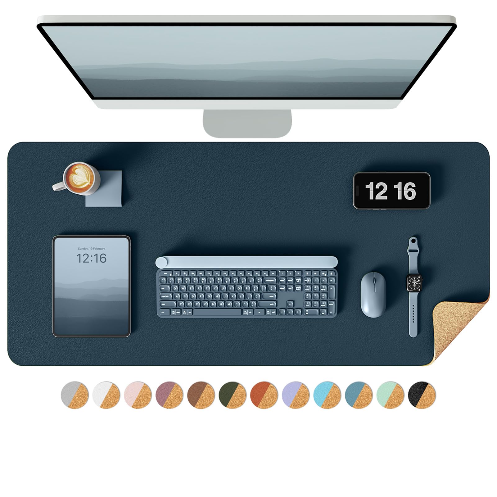 YSAGi Double-Sided Desk Pad, 31.5"x15.7"Leather Desk Mat, Eco Cork Desk Pad Protector,Large Mouse Pad,Waterproof Desk Blotter for Office/Home(Dark Blue) Dark Blue 31.5"x15.7"