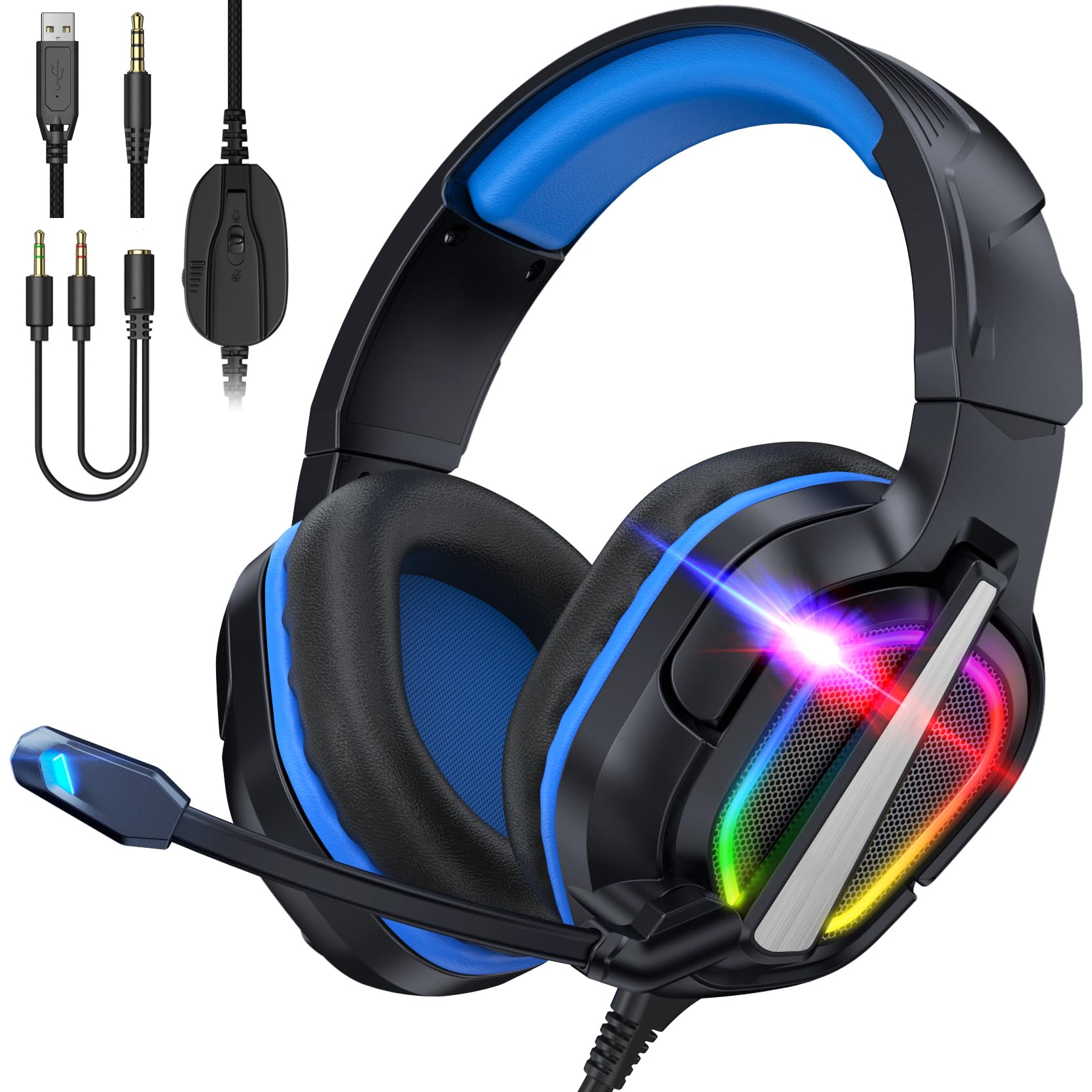 Genérico FC200 Gaming Headset for PS5, PS4, PC, Xbox One, Switch, Noise Cancelling Gaming Headphones, Headphones with Microphone Stereo Sound, PS5 Headset with 3.5 mm Jack with RGB Light (Blue)