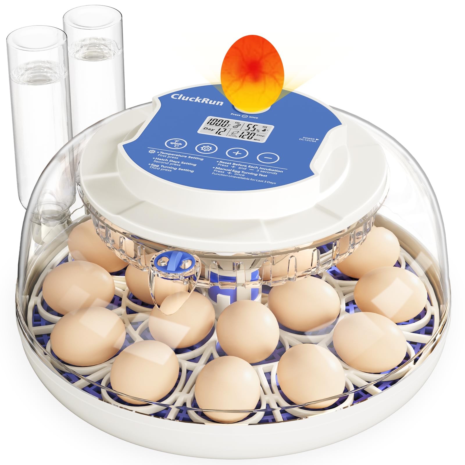 18 Egg Incubator, Hatch Day and Humidity Display, Automatic Turning and Stop, 2 Size Egg Trays, Candling Light, Automatic Water Refill, Air Vent, Hatching Chicken Quail Duck Turkey Goose Birds
