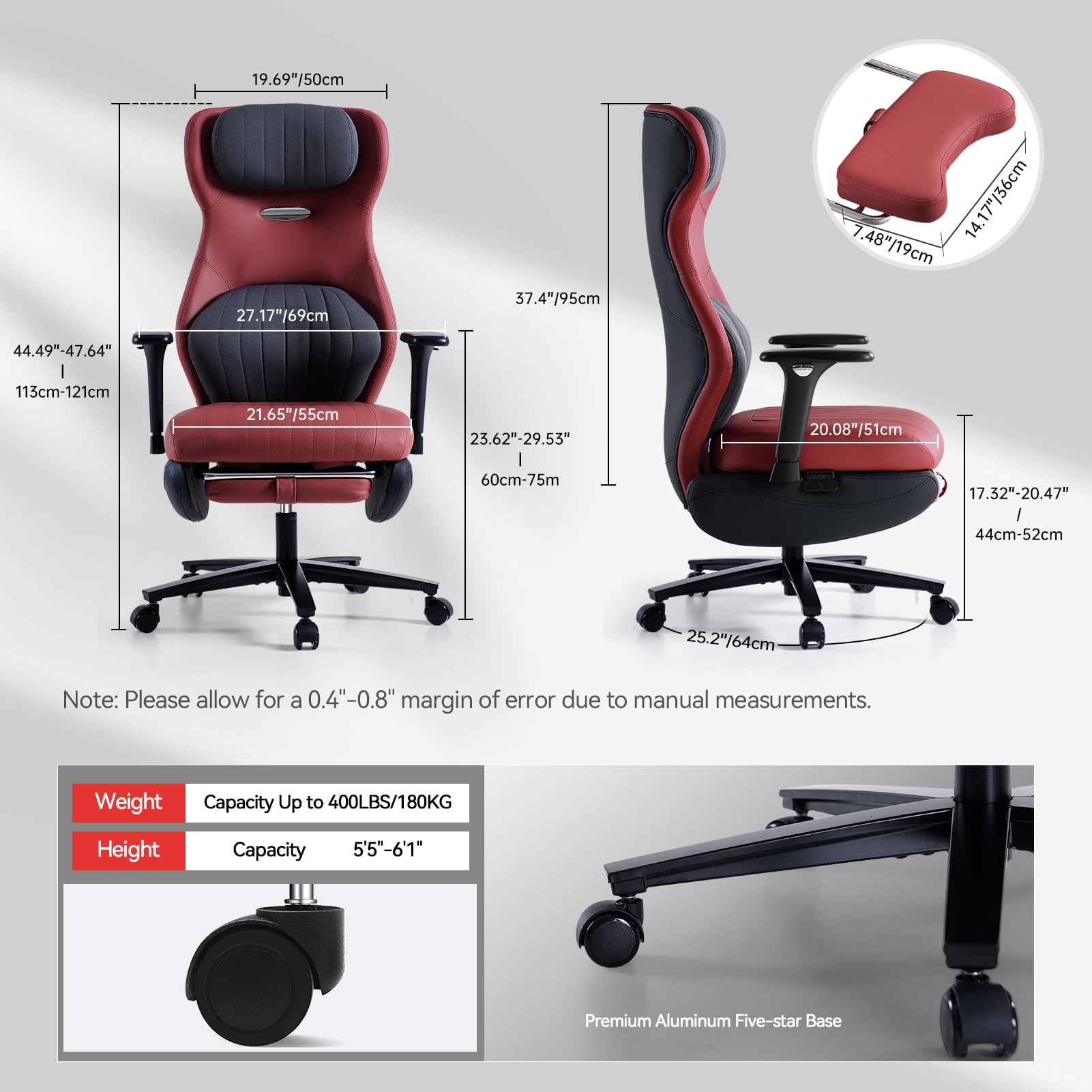 EMIAH Sedia da Ufficio Ergonomica, Sedia da Scrivania Reclinabile con Poggiapiedi, Braccioli Regolabili, Sedia da Gioco con Schienale Alto, Sedia Direzionale con Supporto Lombare, Pelle PU (Rosso)