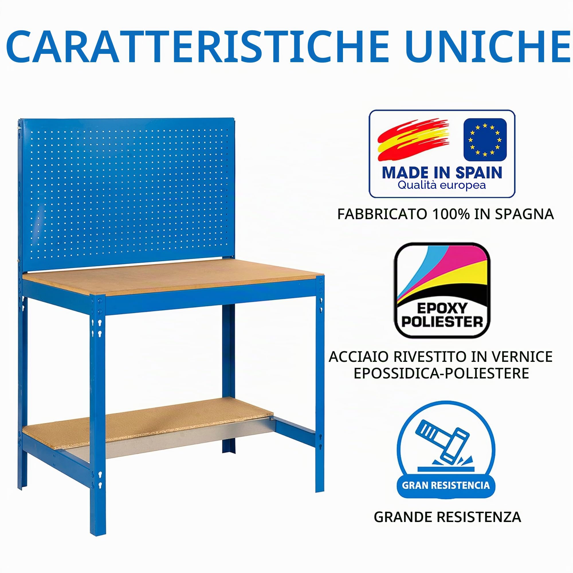 Simon Rack Banco da lavoro per officina, capacità di carico 600 kg, 1445x1210x610 mm, Pannello Forato, Tavolo da lavoro fai da te, Blu/Legno - BT2