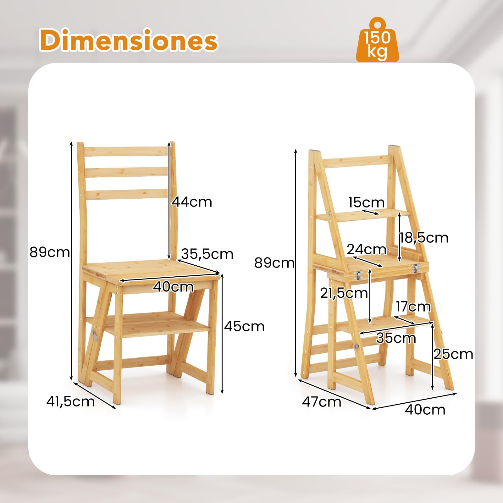 GIANTEX Silla Escalera de Bambú 3 en 1, 3 Peldaños, 40 x 41,5 x 89 cm, Carga hasta150 kg, Silla Plegable Multifuncional, Taburete Escalera para Cambiador, Cocina, Almacén