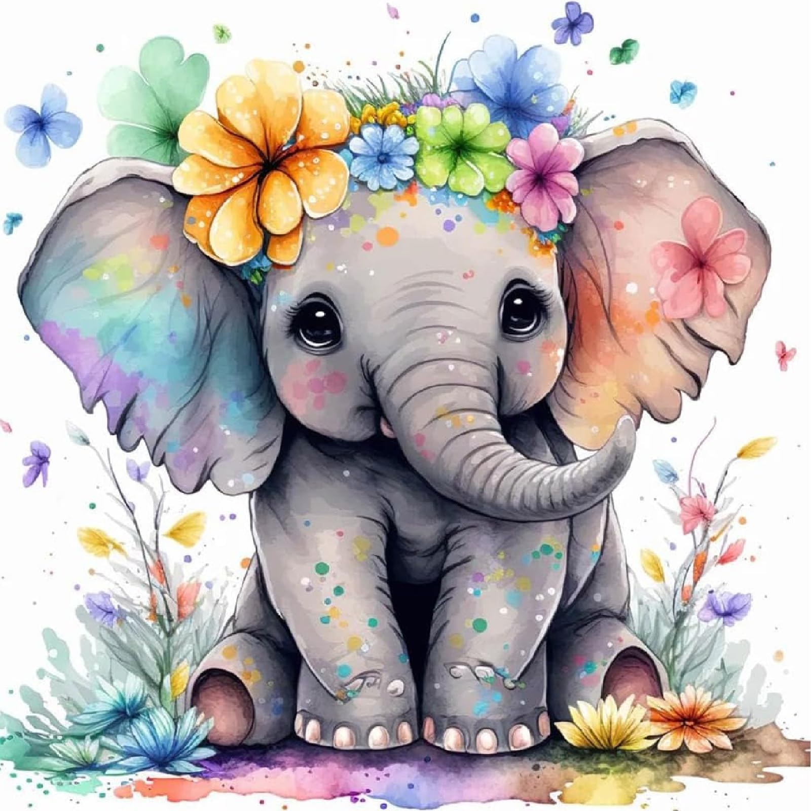 Jakener Diamond Art Kits Adults, 5D Colorful Elephant Diamond Painting Kit for Adults, Animal DIY Full Round Drill Crystal Gem Art Craft, Home Wall Decor 14x14 Inch
